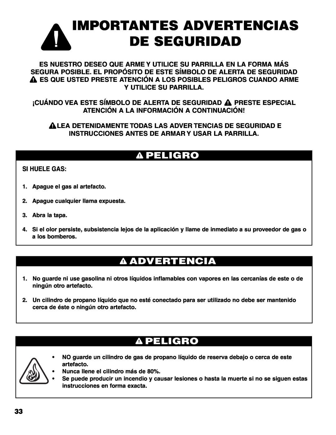 Brinkmann 7541 Series owner manual Importantes Advertencias De Seguridad, Peligro, Y Utilice Su Parrilla, Si Huele Gas 