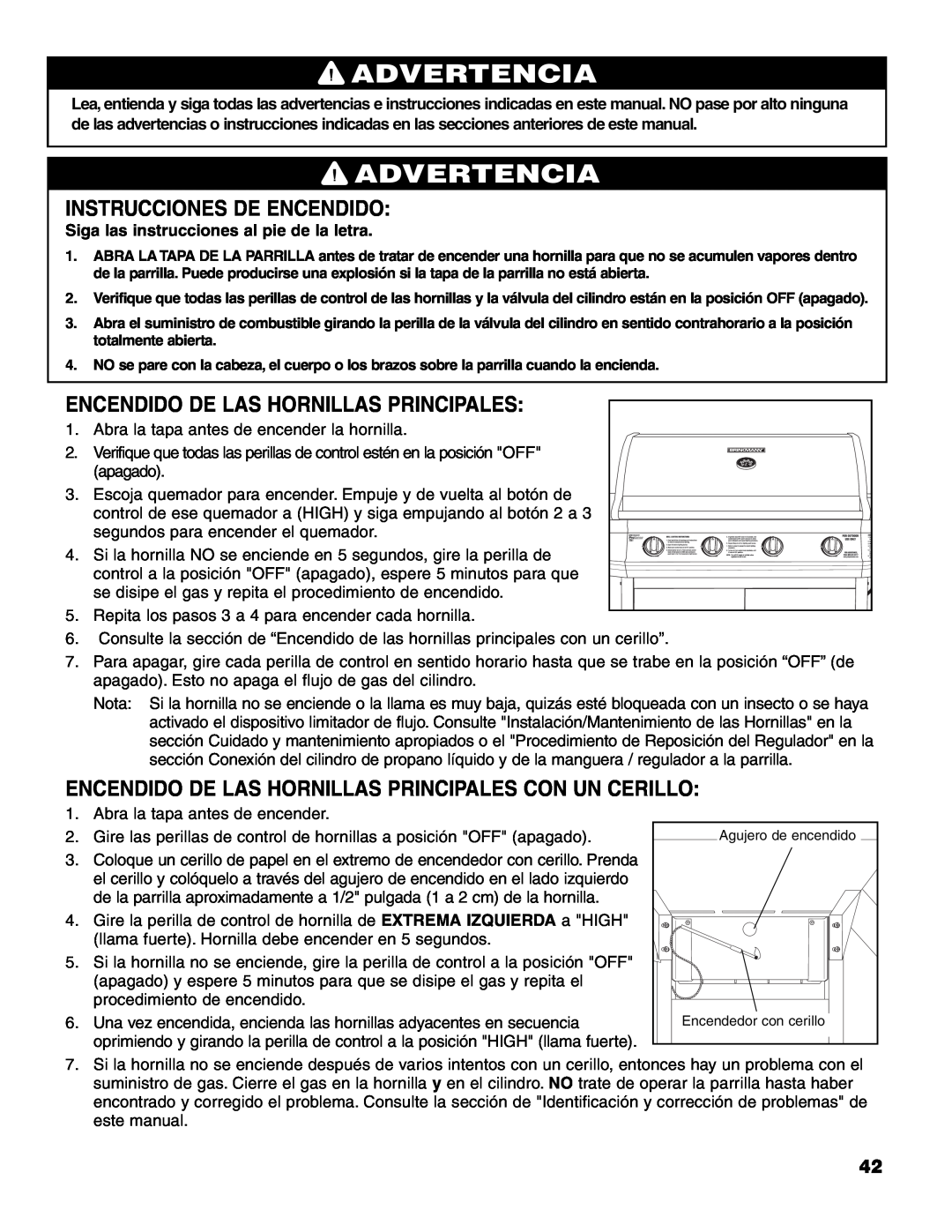 Brinkmann 7541 Series owner manual Instrucciones De Encendido, Encendido De Las Hornillas Principales, Advertencia 