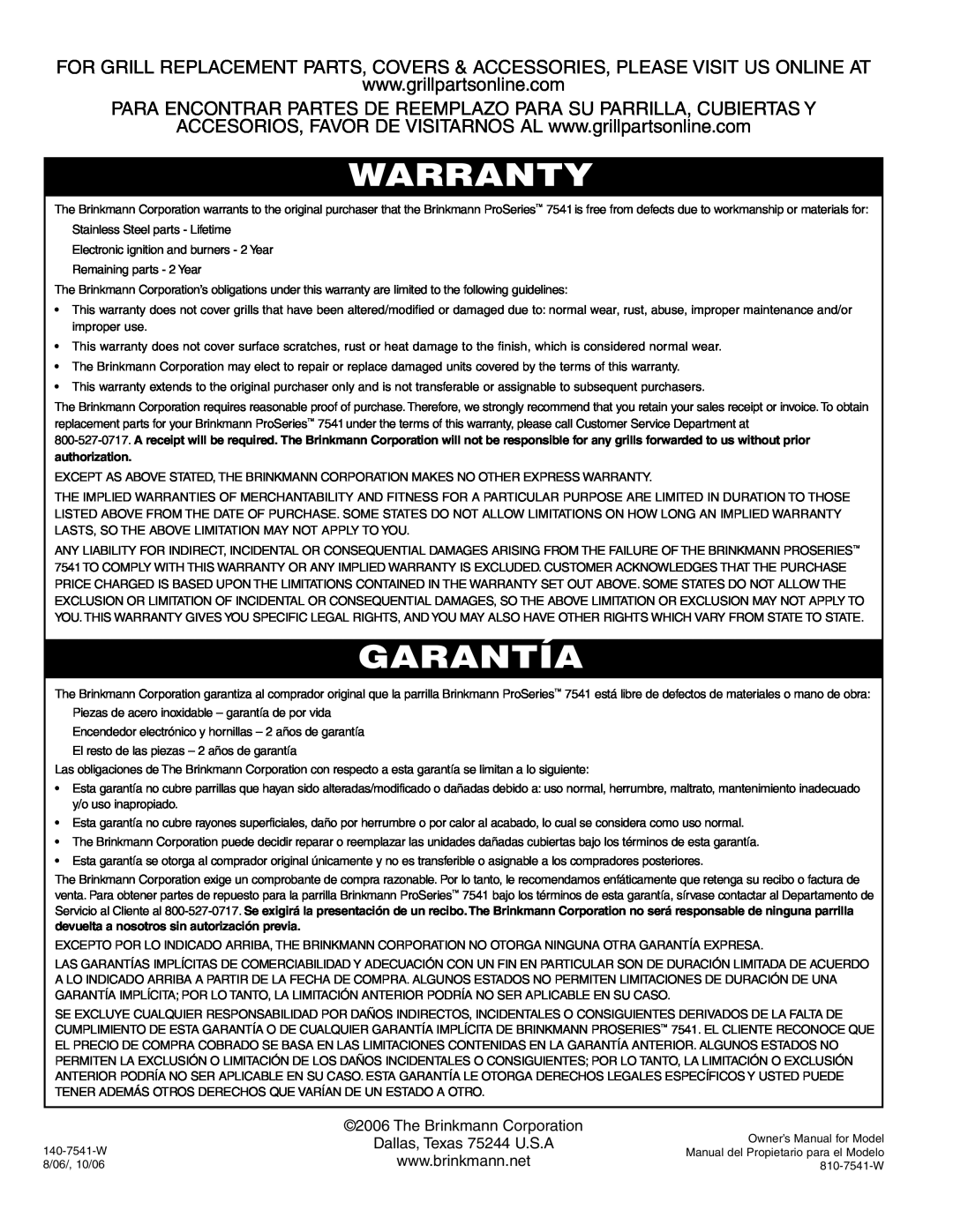 Brinkmann 7541 Series owner manual Warranty, Garantía, Para Encontrar Partes De Reemplazo Para Su Parrilla, Cubiertas Y 