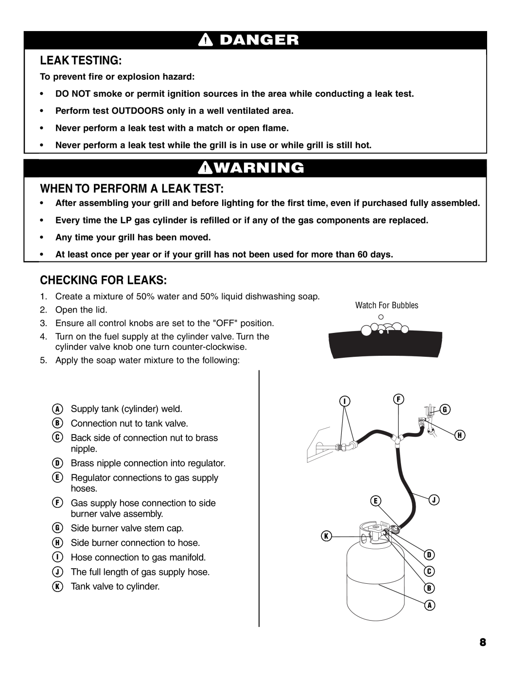 Brinkmann 7541 Series owner manual Leak Testing, When To Perform A Leak Test, Checking For Leaks, Danger 