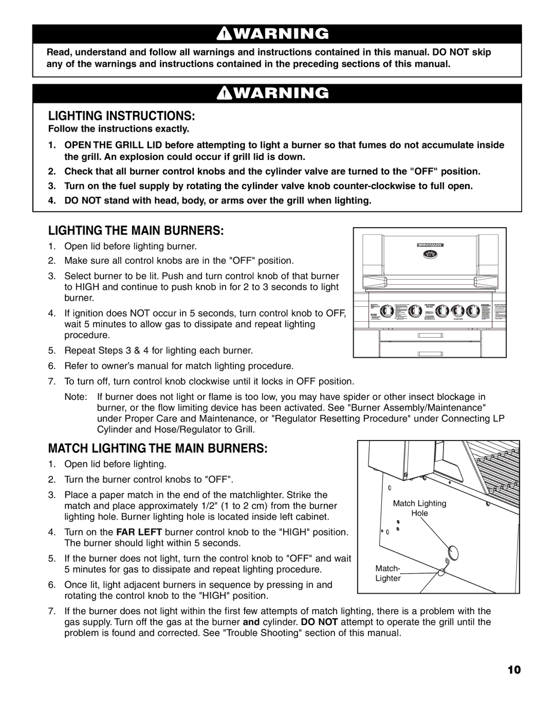 Brinkmann 7741 Series owner manual Lighting Instructions, Match Lighting the Main Burners 