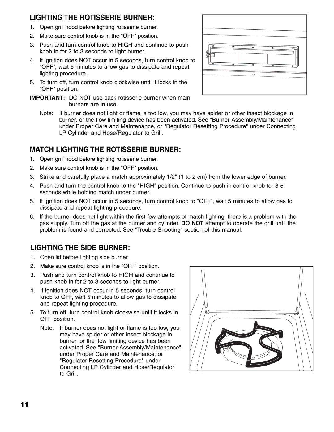 Brinkmann 7741 Series owner manual Match Lighting the Rotisserie Burner, Lighting the Side Burner 