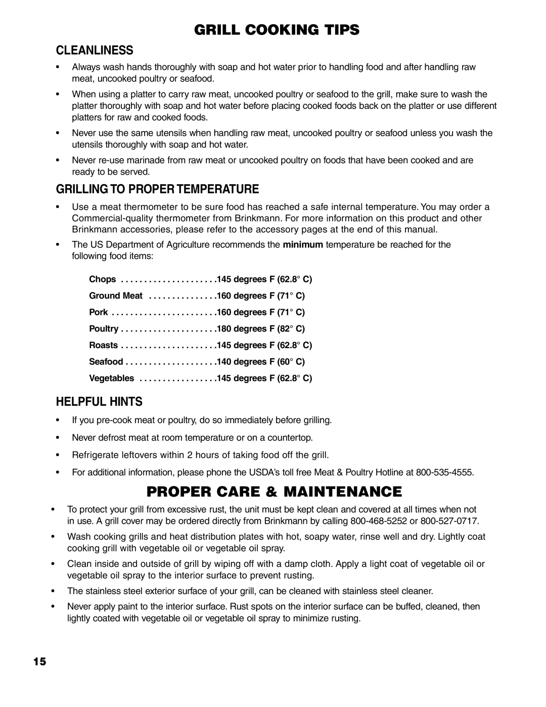 Brinkmann 7741 Series owner manual Cleanliness, Grilling to Proper Temperature, Helpful Hints 