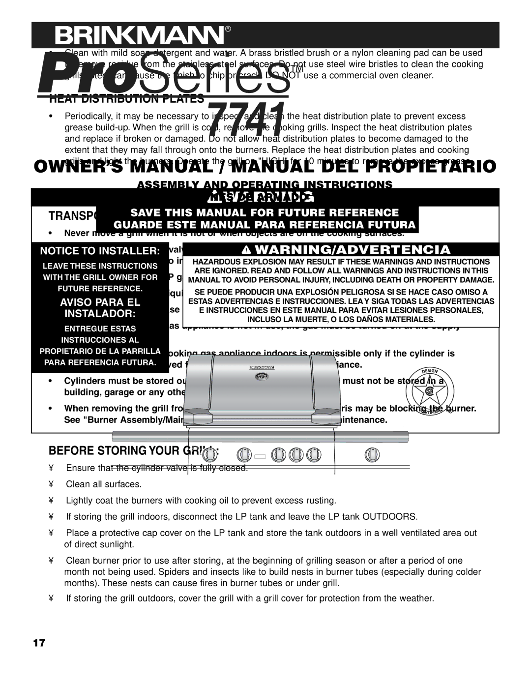 Brinkmann 7741 Series Cooking Grills, Heat Distribution Plates, Transporting and Storage, Before Storing Your Grill 