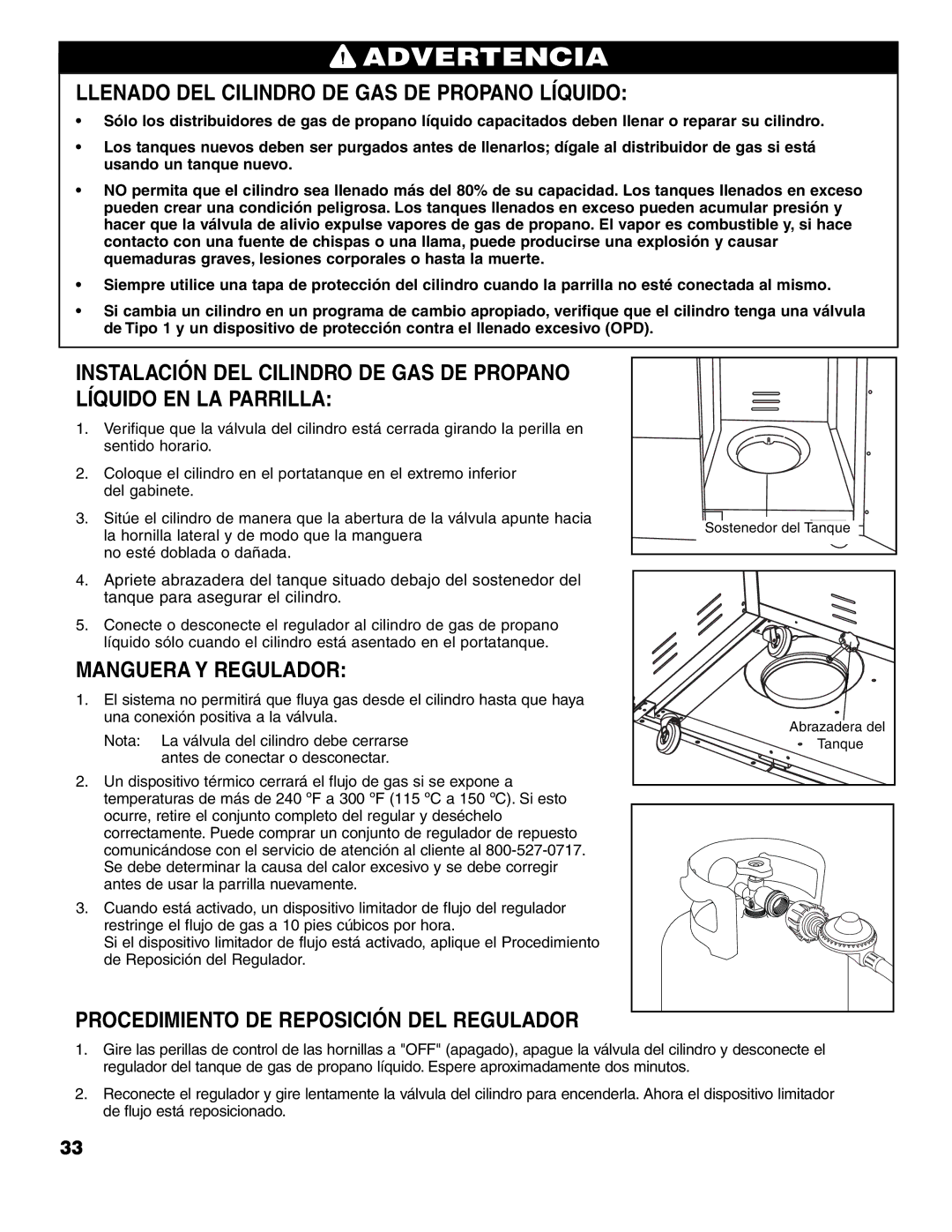 Brinkmann 7741 Series owner manual Llenado DEL Cilindro DE GAS DE Propano Líquido, Manguera Y Regulador 