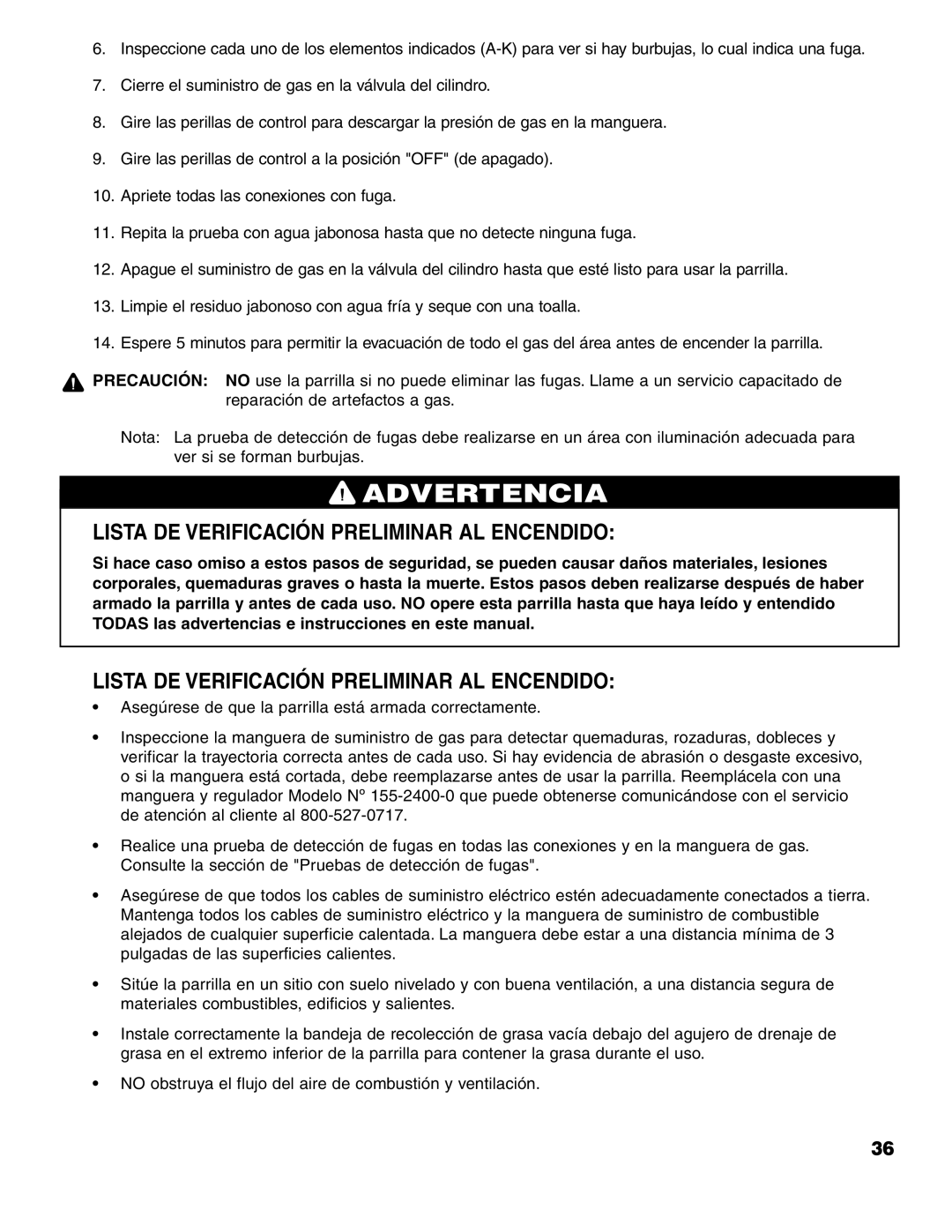 Brinkmann 7741 Series owner manual Lista DE Verificación Preliminar AL Encendido 