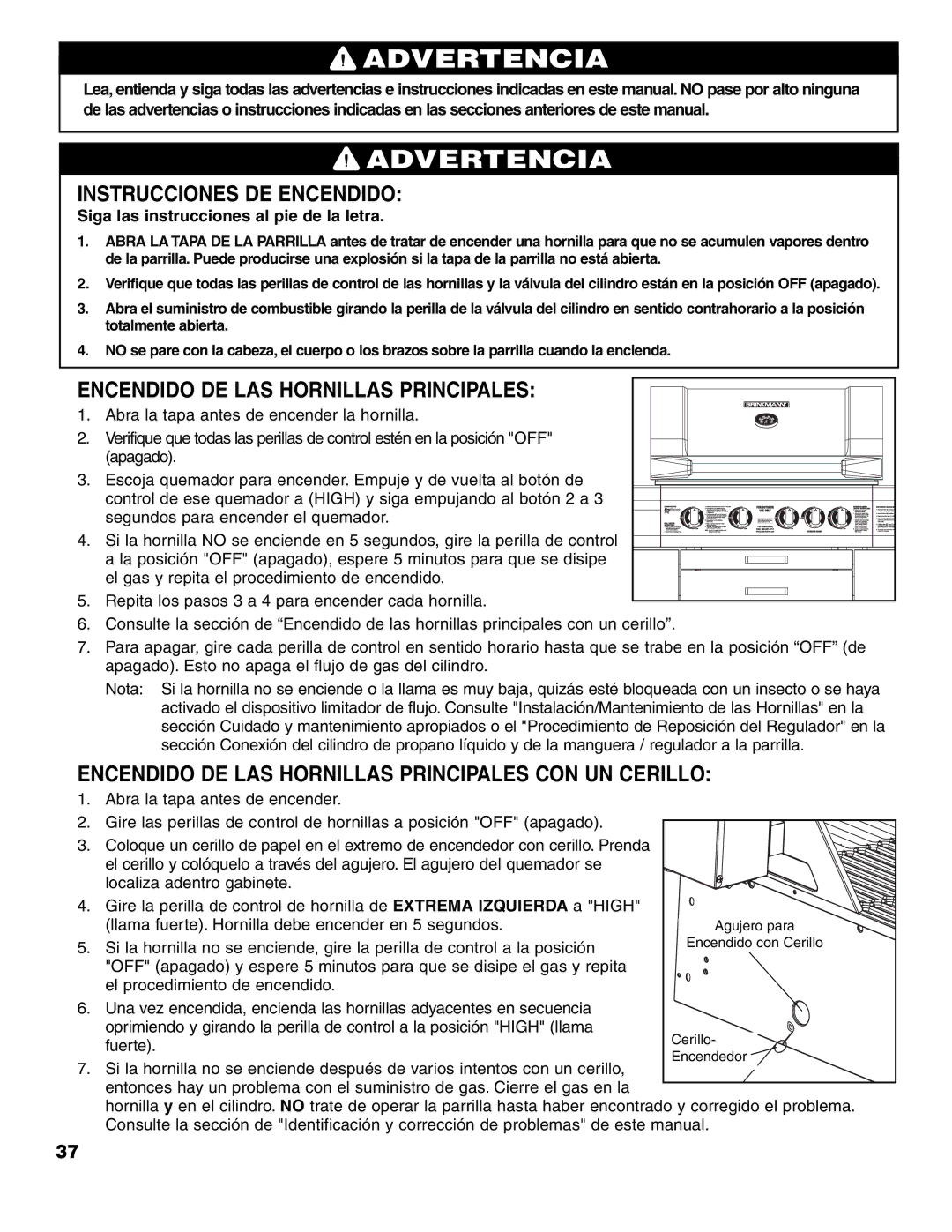 Brinkmann 7741 Series owner manual Instrucciones DE Encendido, Encendido DE LAS Hornillas Principales 