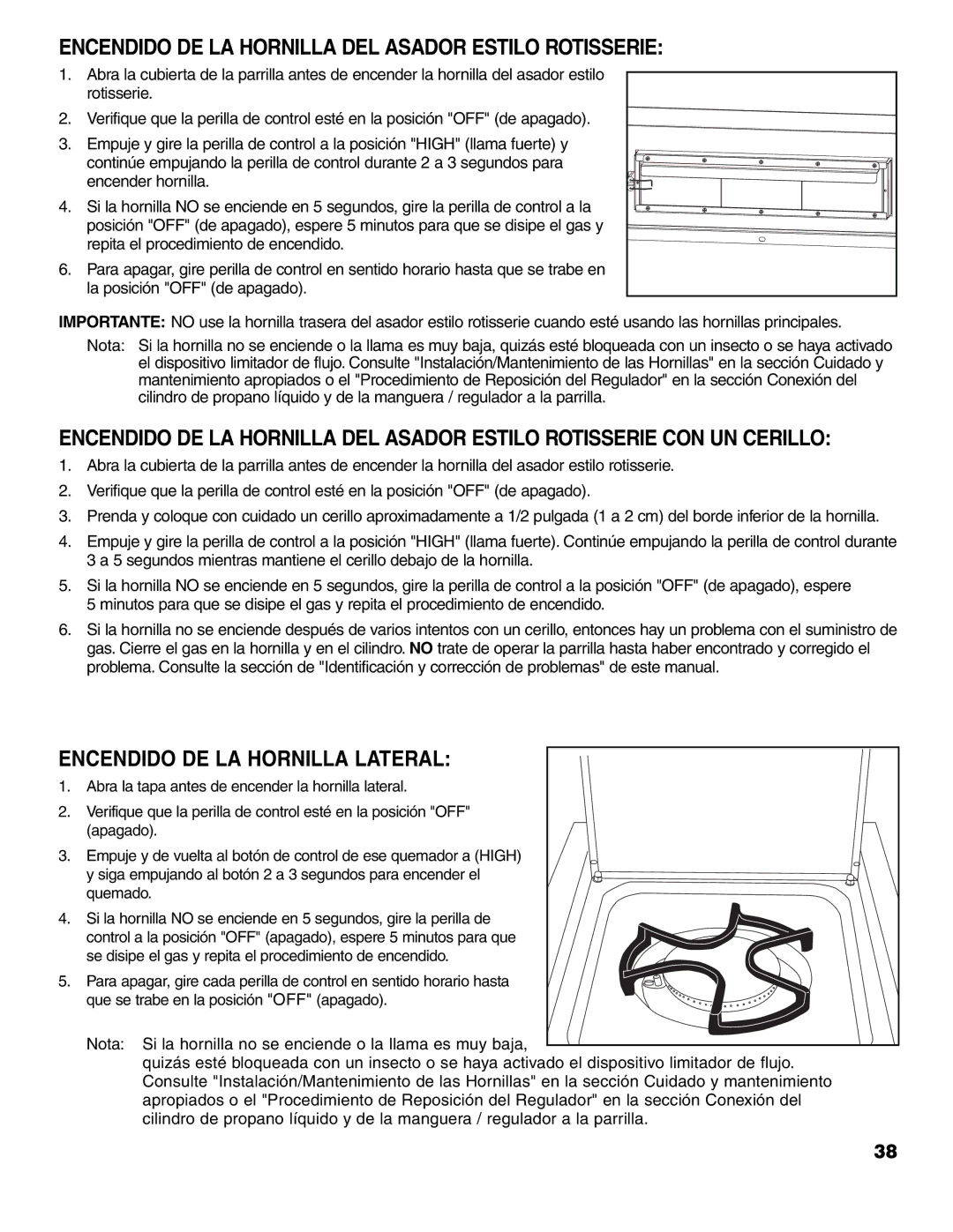 Brinkmann 7741 Series owner manual Encendido DE LA Hornilla DEL Asador Estilo Rotisserie, Encendido DE LA Hornilla Lateral 