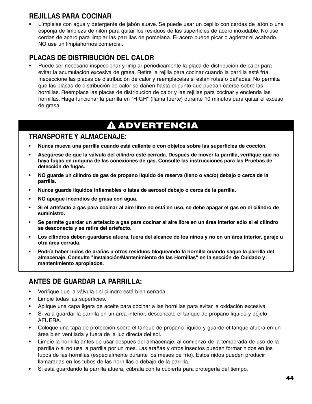 Brinkmann 7741 Series owner manual Rejillas Para Cocinar, Placas DE Distribución DEL Calor, Transporte Y Almacenaje 