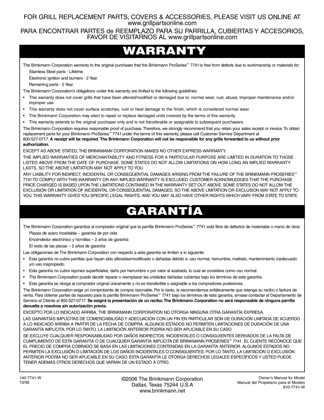 Brinkmann 7741 Series owner manual Warranty 