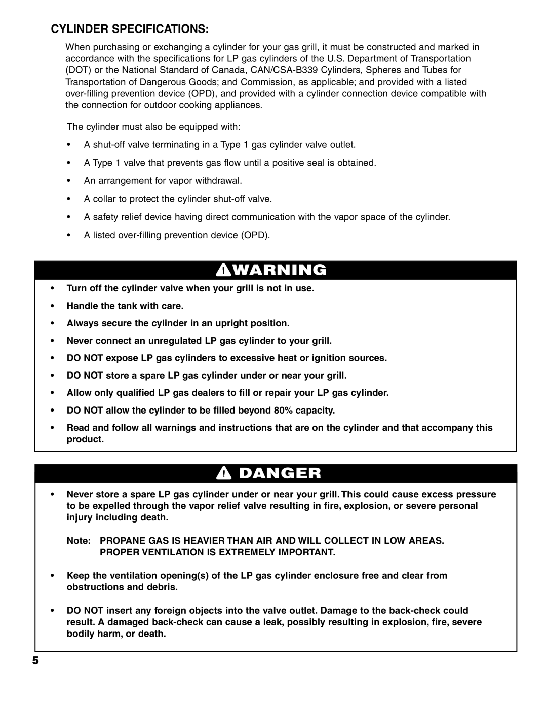 Brinkmann 7741 Series owner manual Cylinder Specifications 