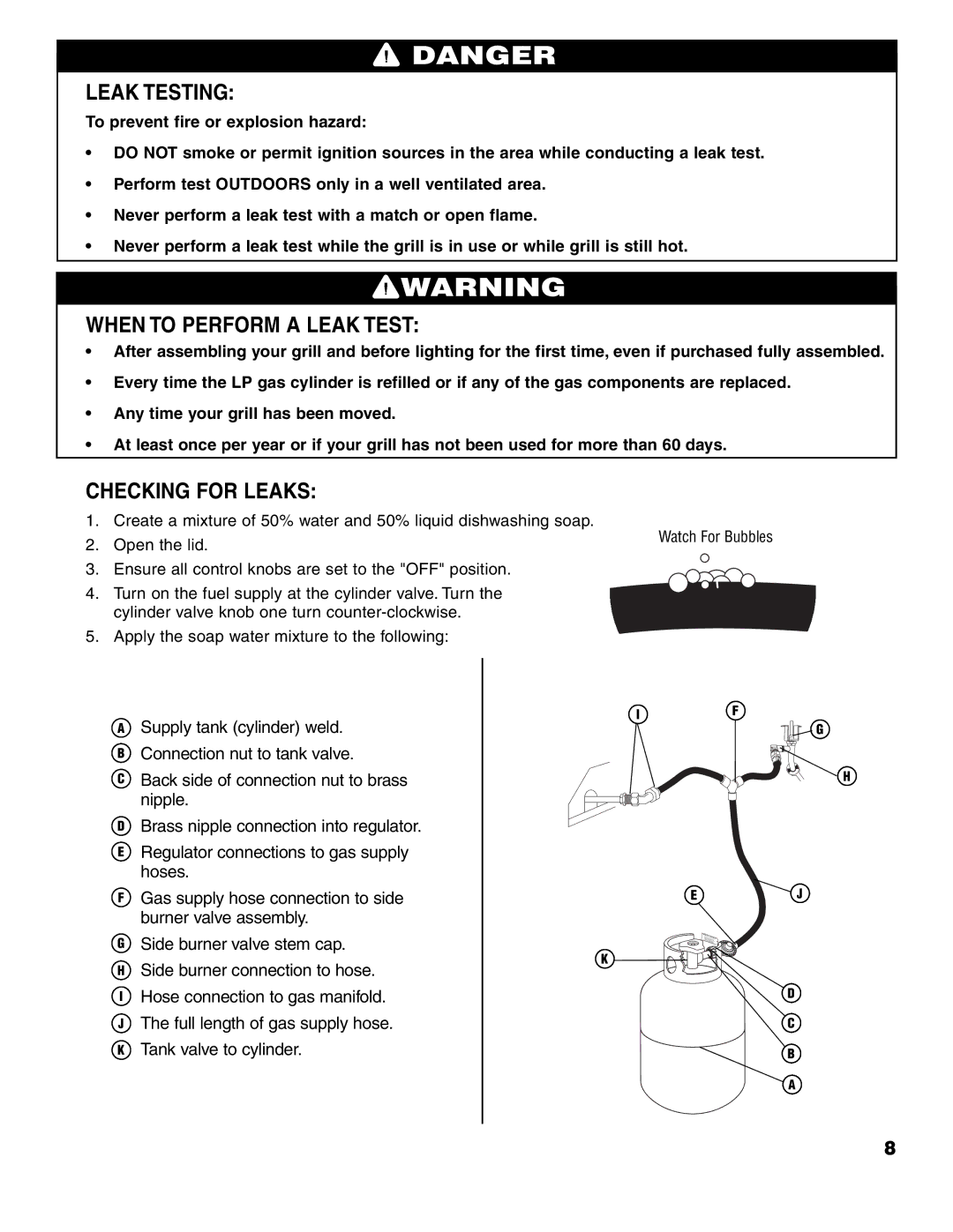 Brinkmann 7741 Series owner manual Leak Testing, When to Perform a Leak Test, Checking for Leaks 