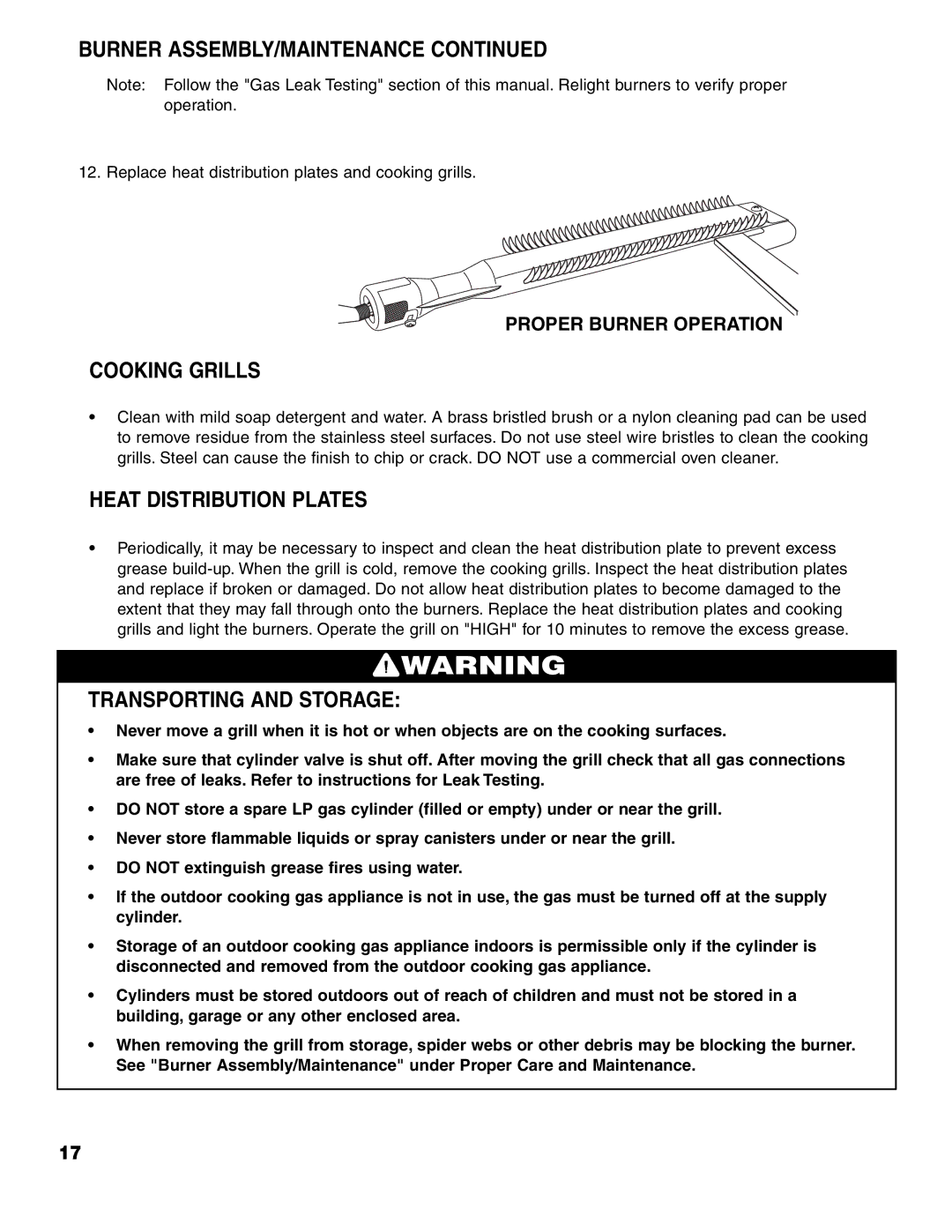 Brinkmann 7741 owner manual Cooking Grills, Heat Distribution Plates, Transporting and Storage 