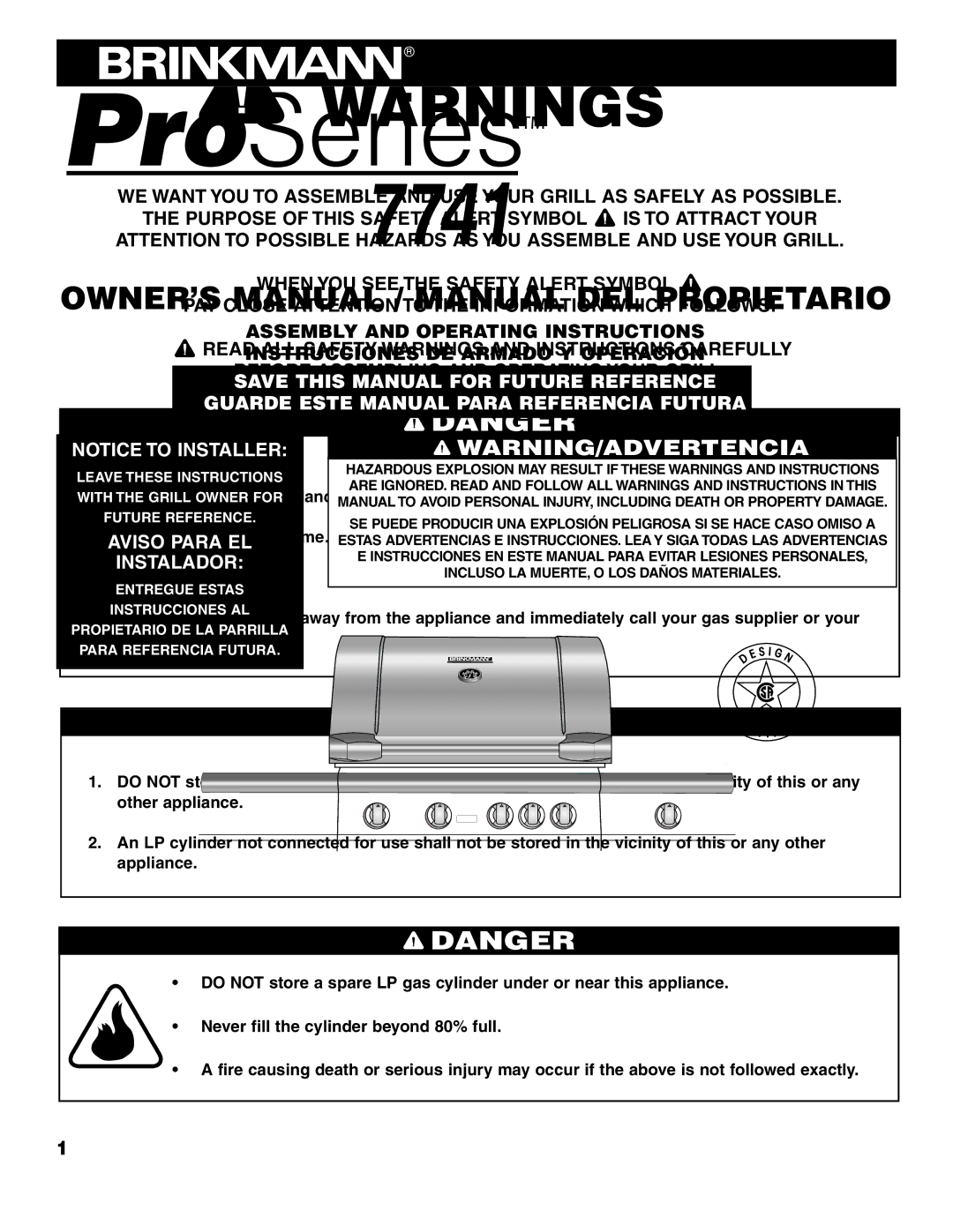 Brinkmann 7741 owner manual Important Safety 