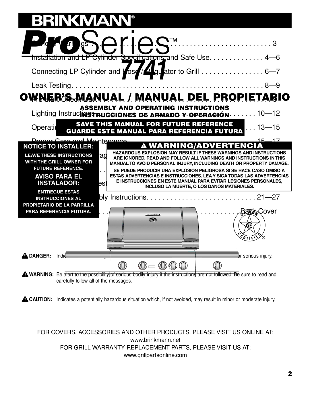 Brinkmann 7741 owner manual Table of Contents 