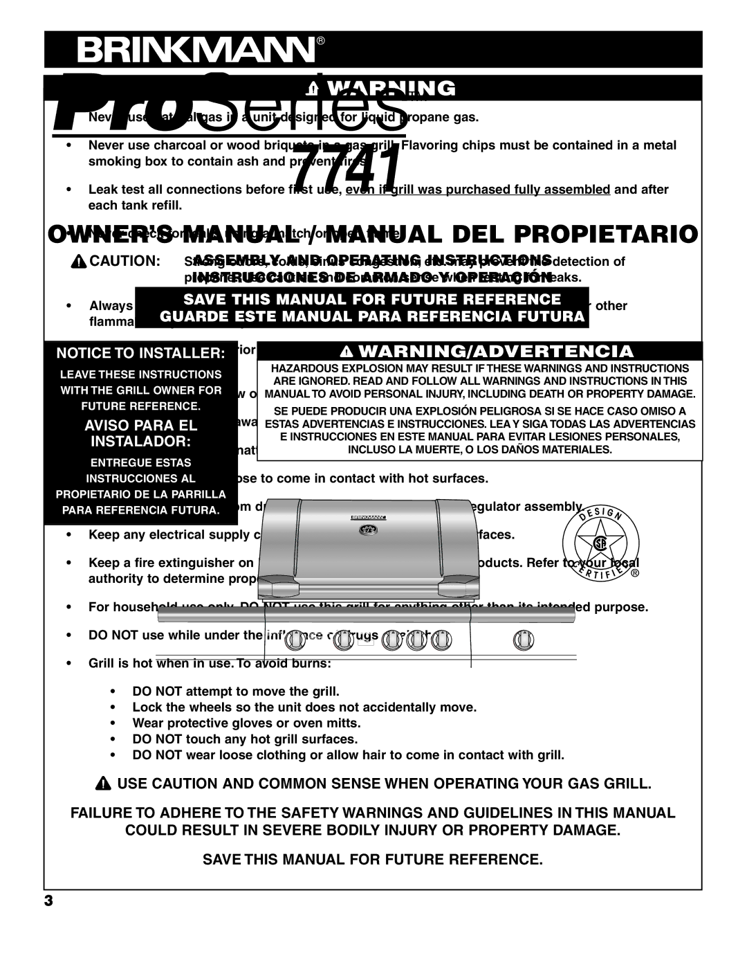 Brinkmann 7741 owner manual General Warnings 