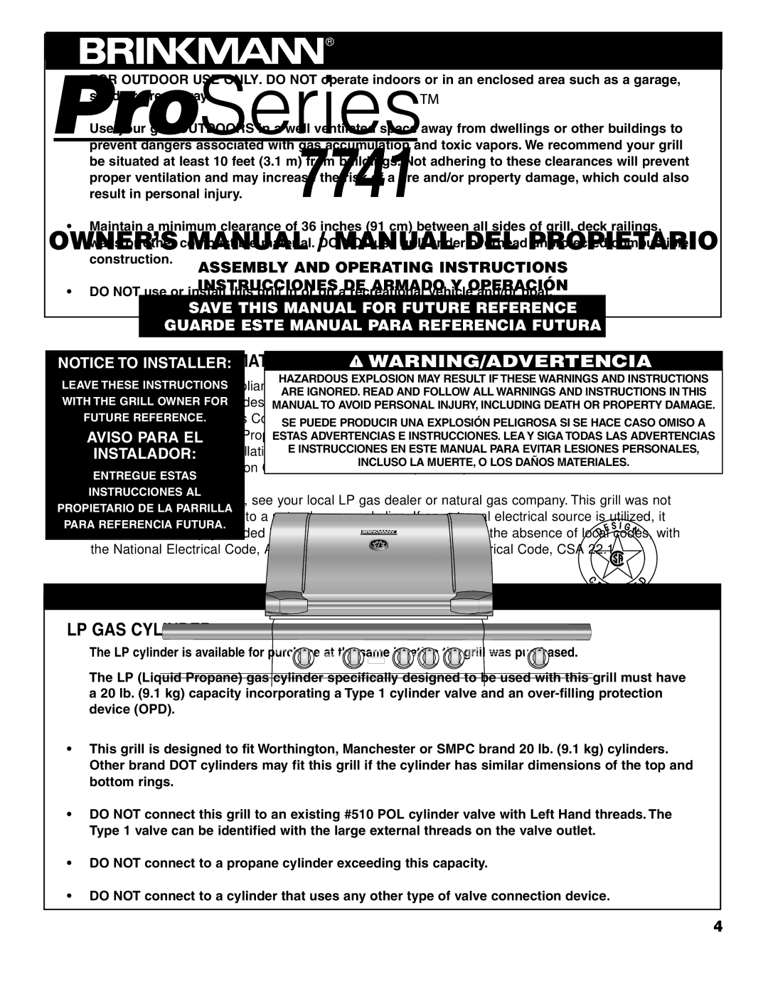 Brinkmann 7741 owner manual Installation Information, LP GAS Cylinder not Supplied with this Grill 