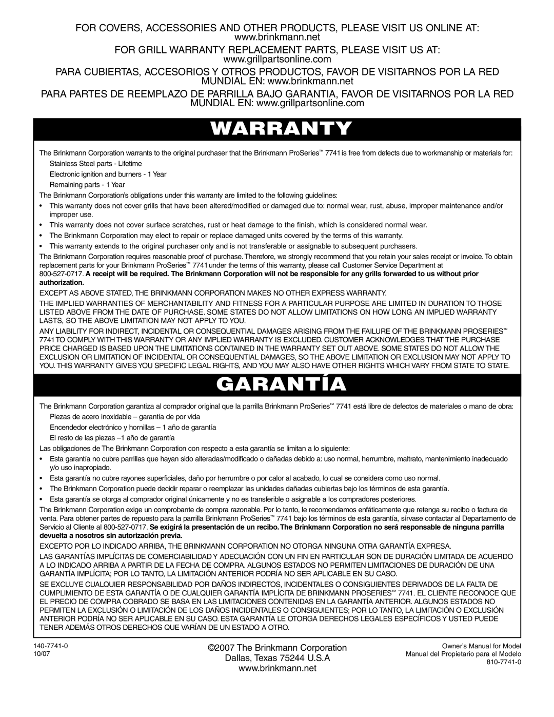 Brinkmann 7741 owner manual Warranty 