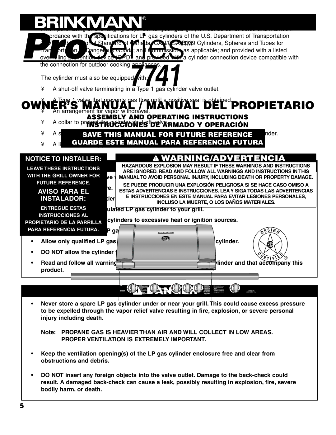 Brinkmann 7741 owner manual Cylinder Specifications 