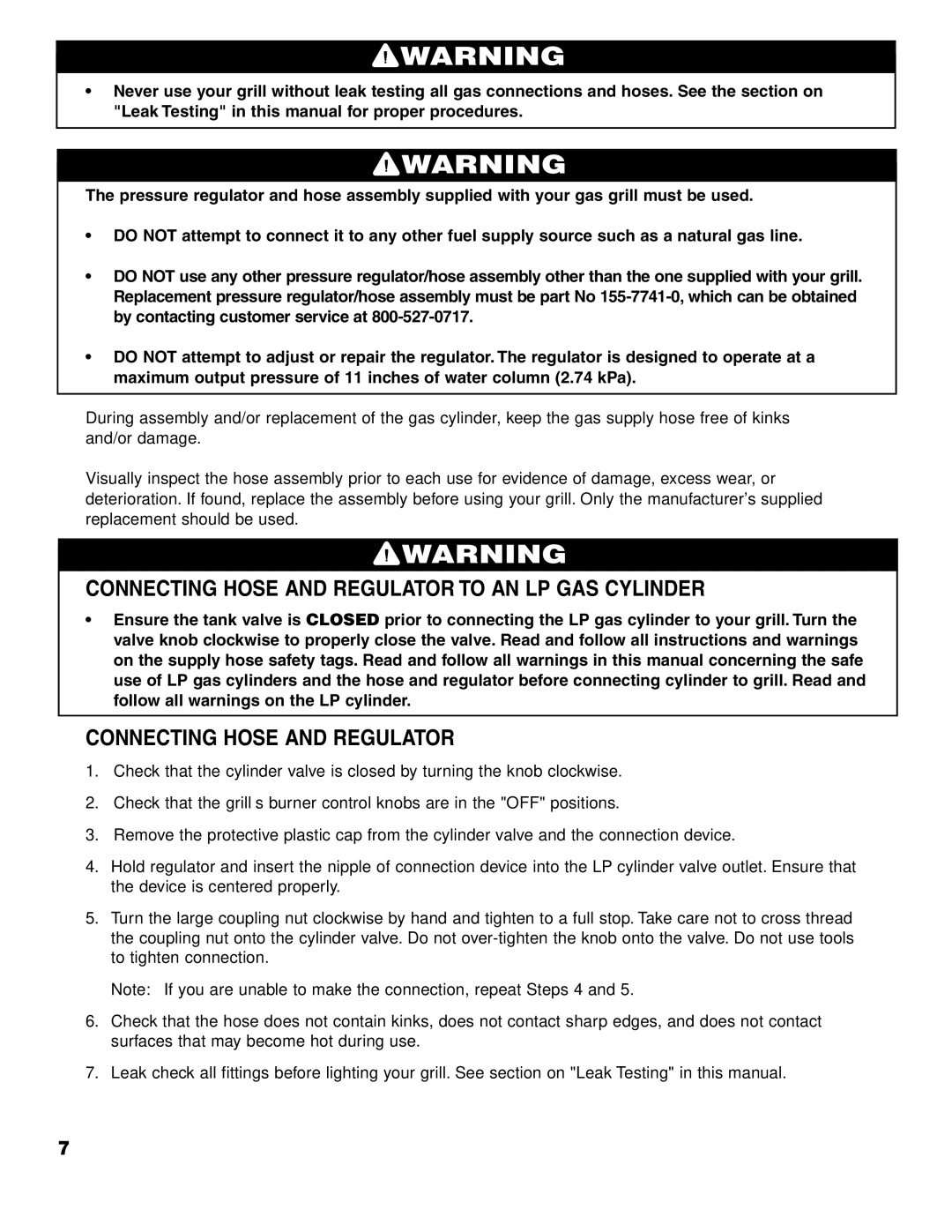 Brinkmann 7741 owner manual Connecting Hose and Regulator to AN LP GAS Cylinder 