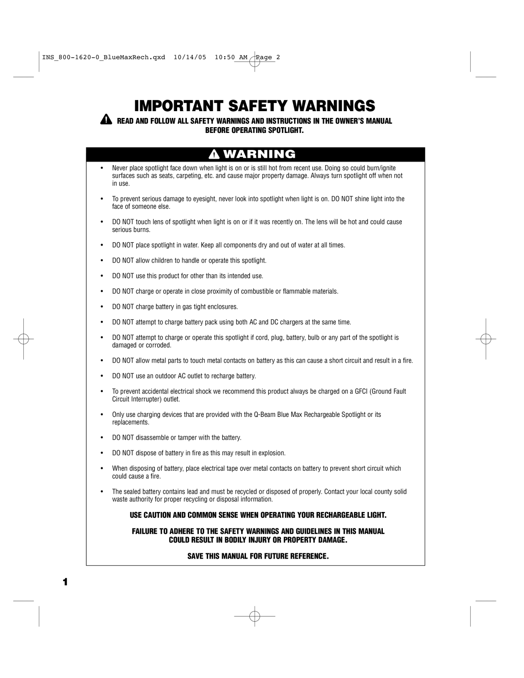 Brinkmann 800-1620-0 operating instructions Important Safety Warnings, Before Operating Spotlight 