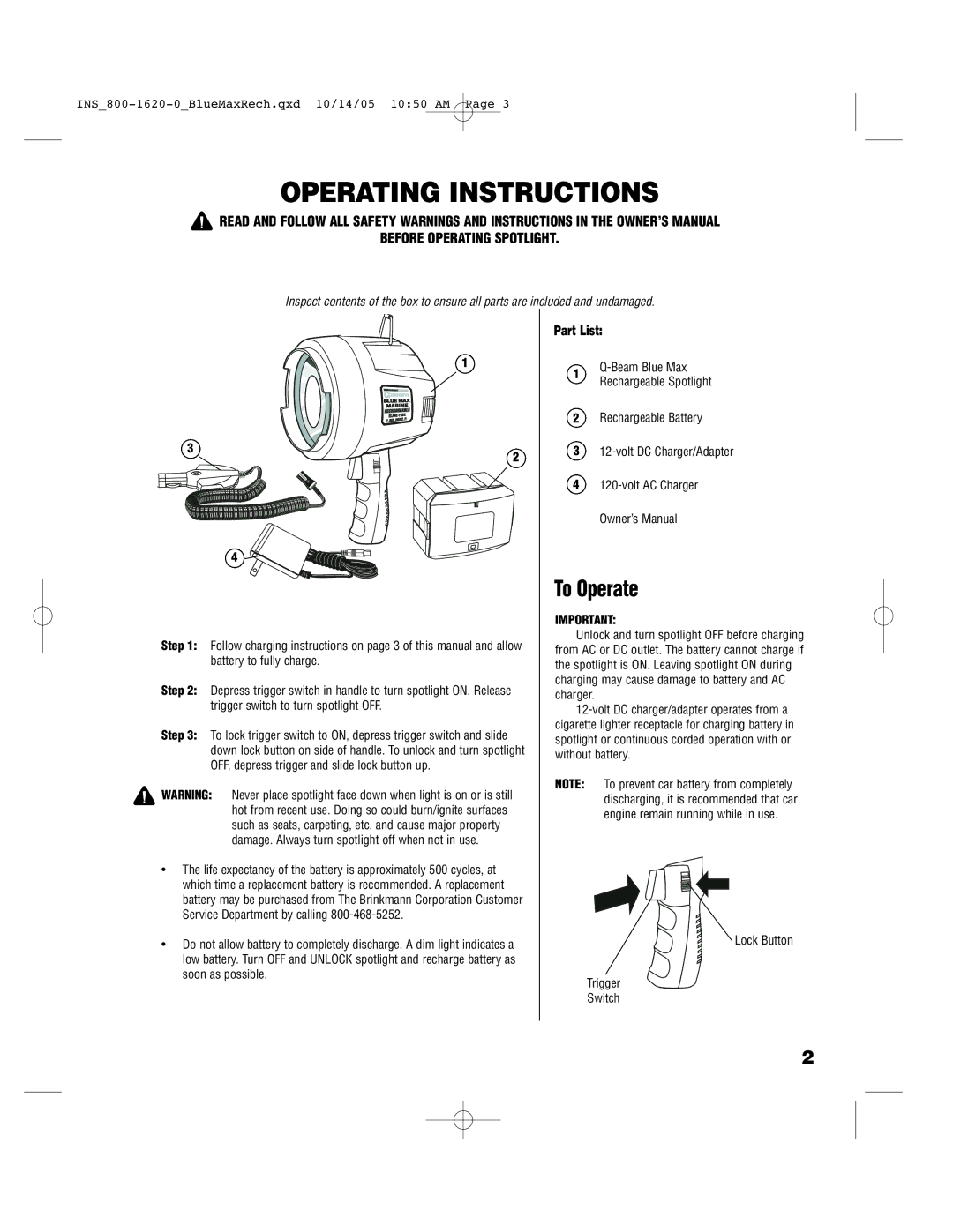 Brinkmann 800-1620-0 operating instructions Operating Instructions, To Operate 