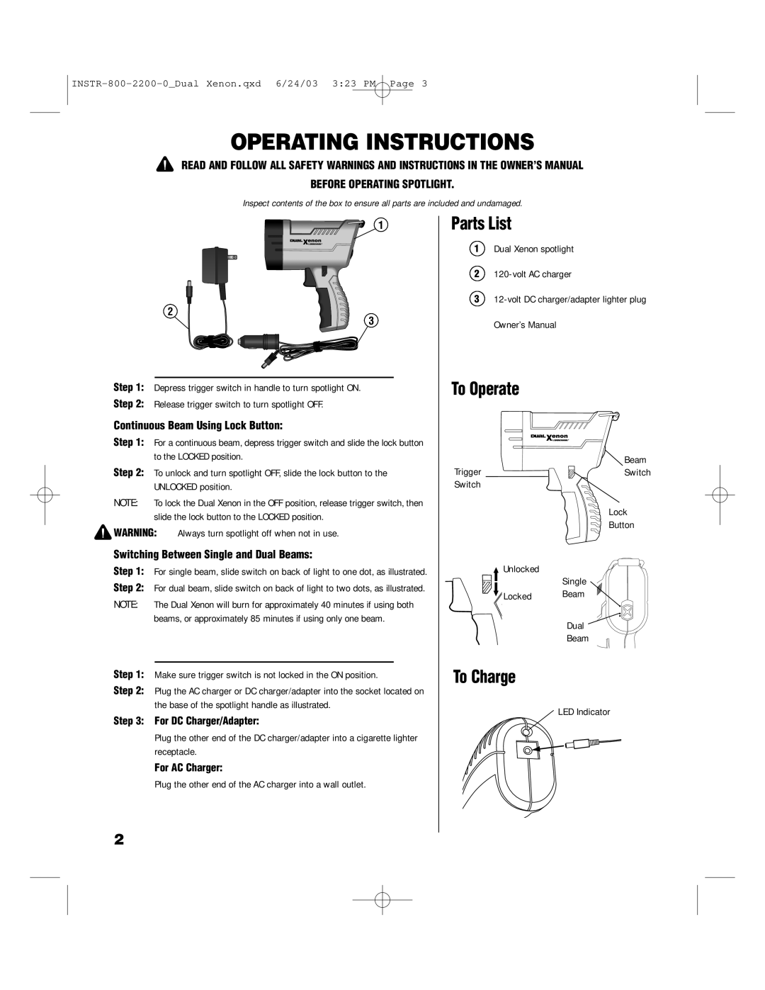 Brinkmann 800-2200-0 Operating Instructions, Parts List, To Operate, To Charge, Continuous Beam Using Lock Button 