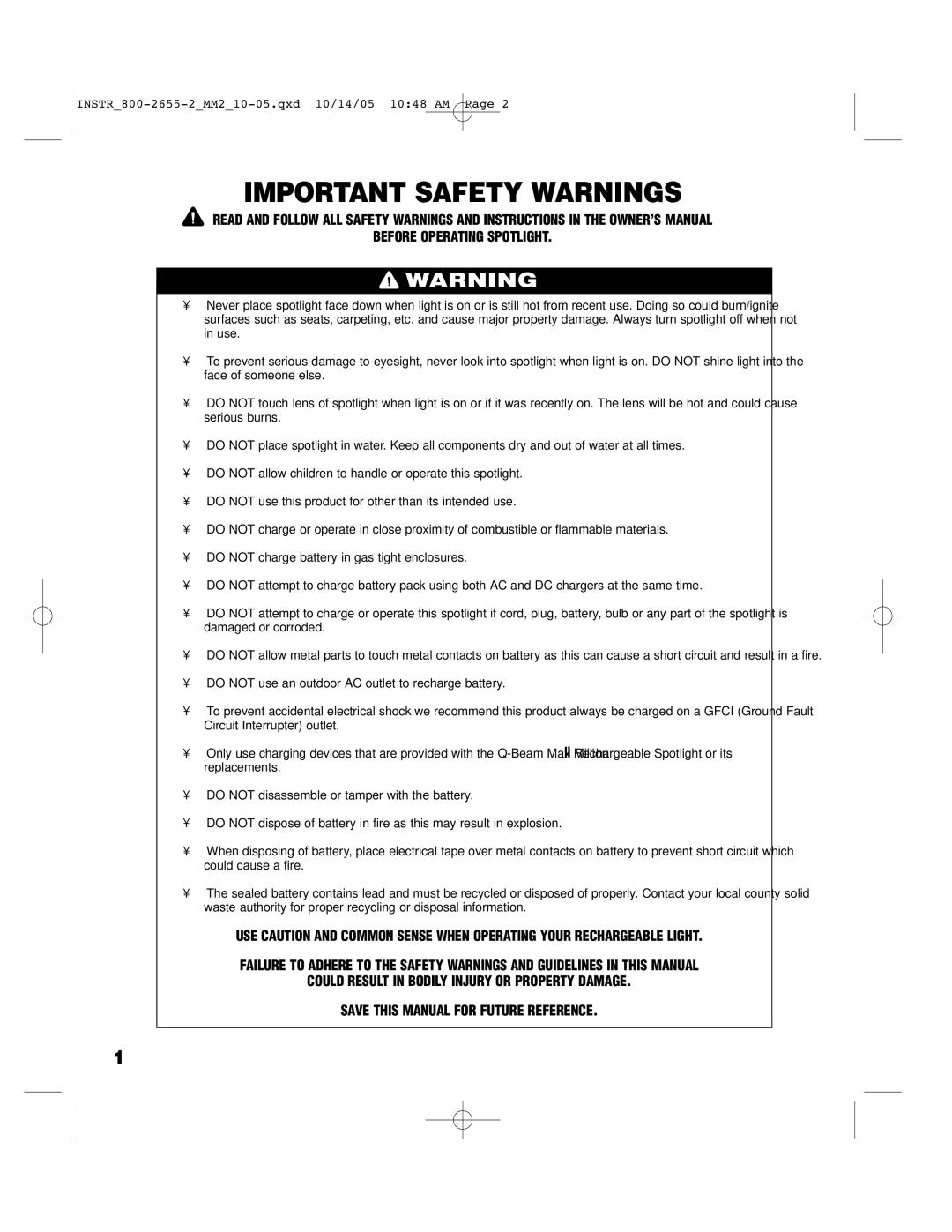 Brinkmann 800-2655-2 operating instructions Important Safety Warnings, Before Operating Spotlight 