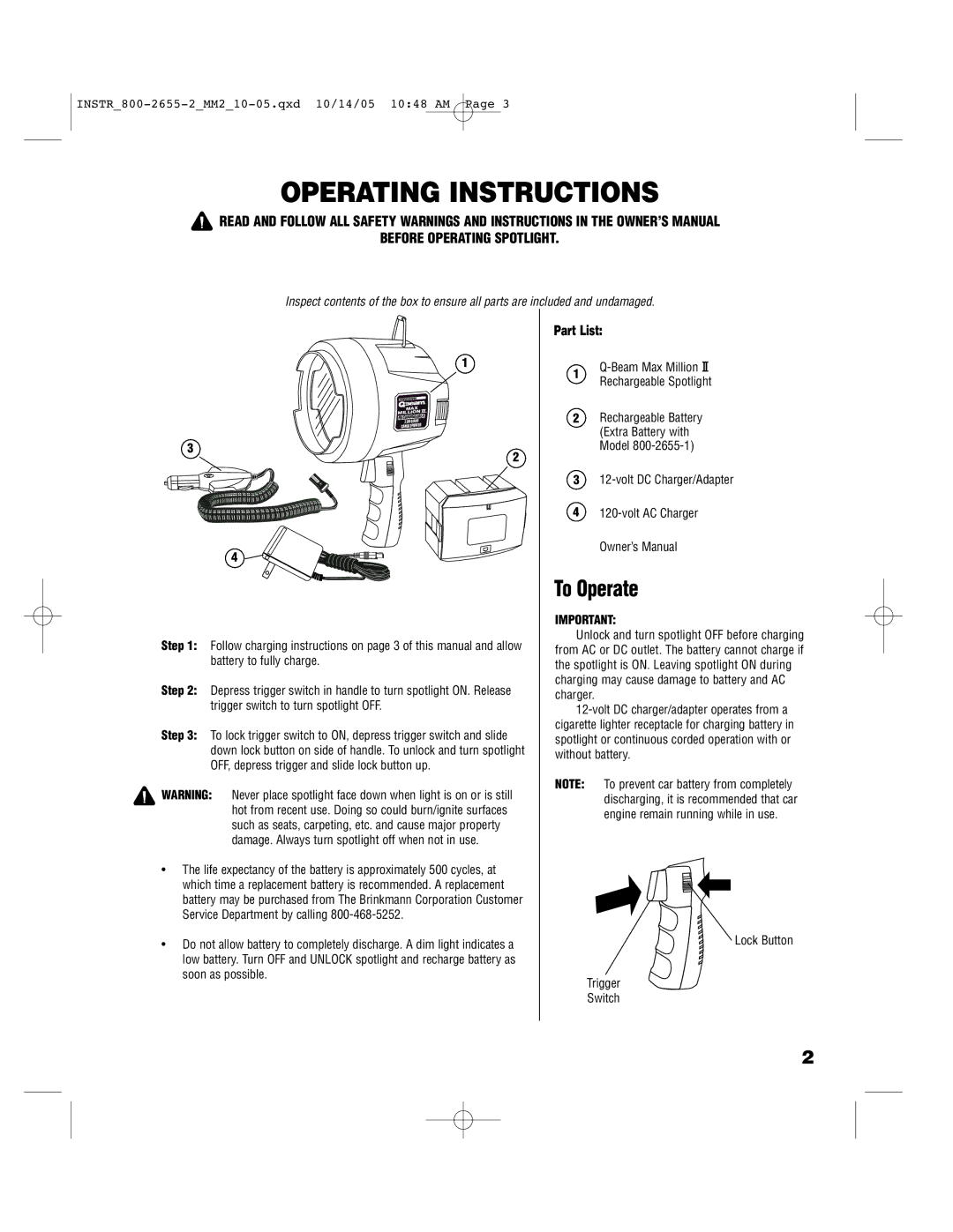 Brinkmann 800-2655-2 operating instructions Operating Instructions, To Operate 