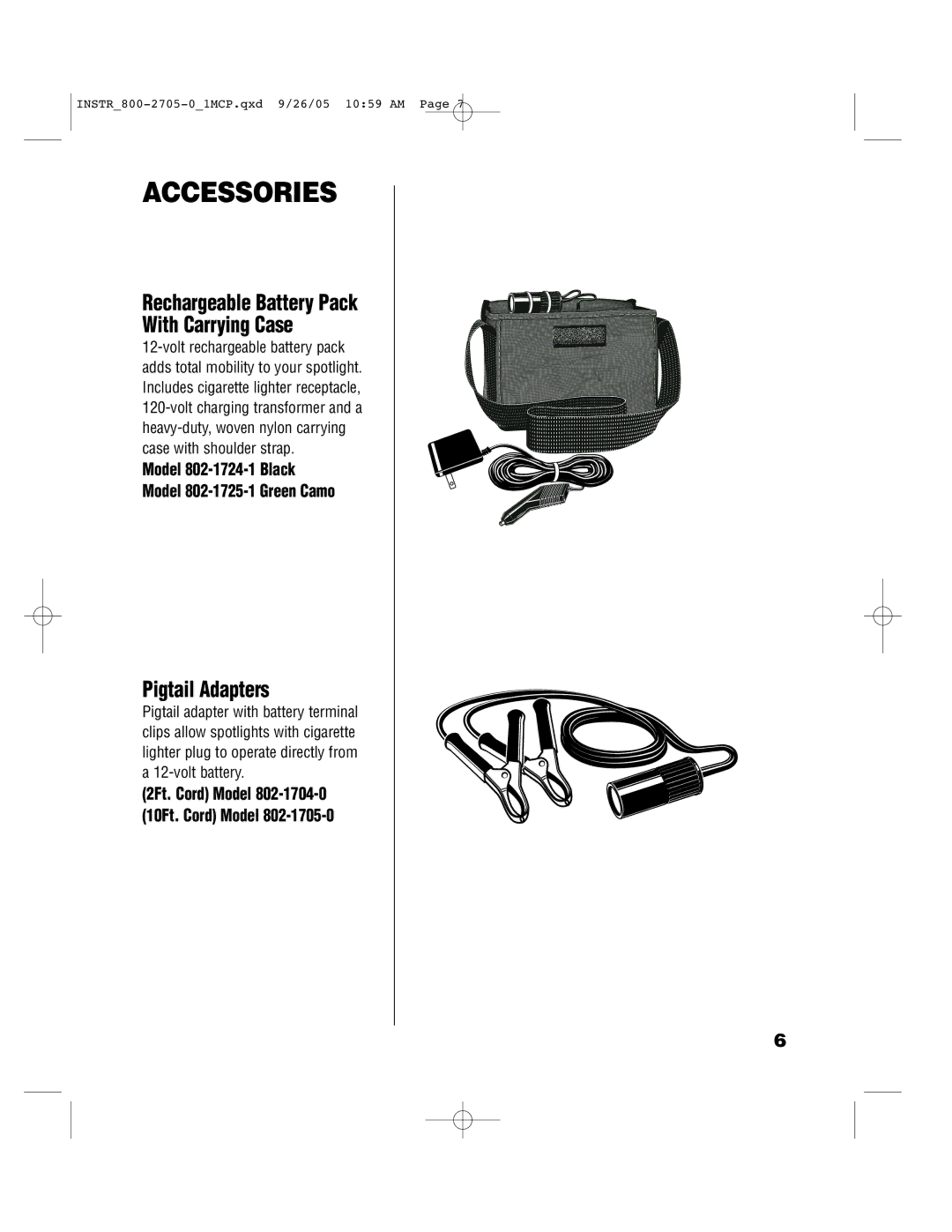 Brinkmann 800-2705-0 owner manual Pigtail Adapters, Rechargeable Battery Pack With Carrying Case 