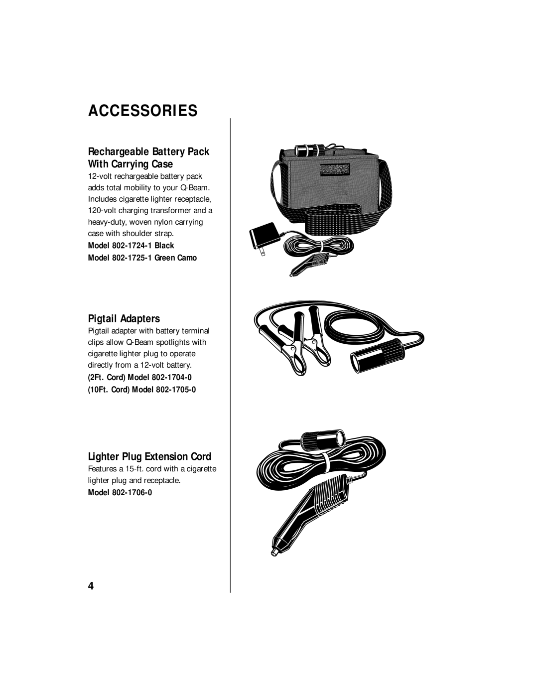 Brinkmann 802-1745-0 owner manual Accessories, Pigtail Adapters, Lighter Plug Extension Cord 