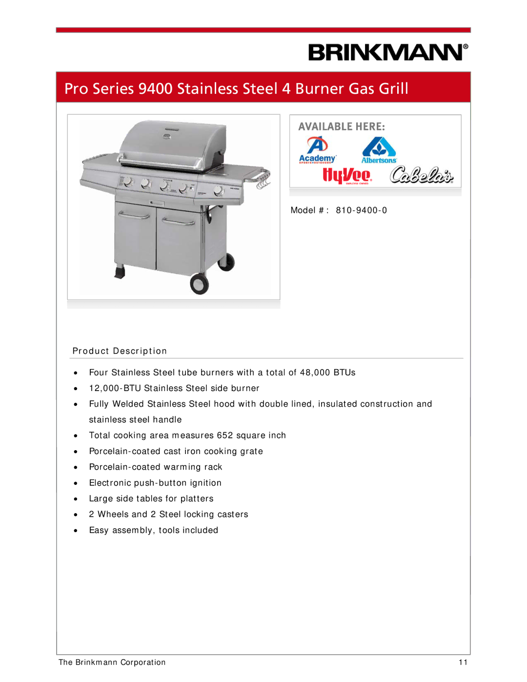 Brinkmann 810-1100-S manual Pro Series 9400 Stainless Steel 4 Burner Gas Grill 