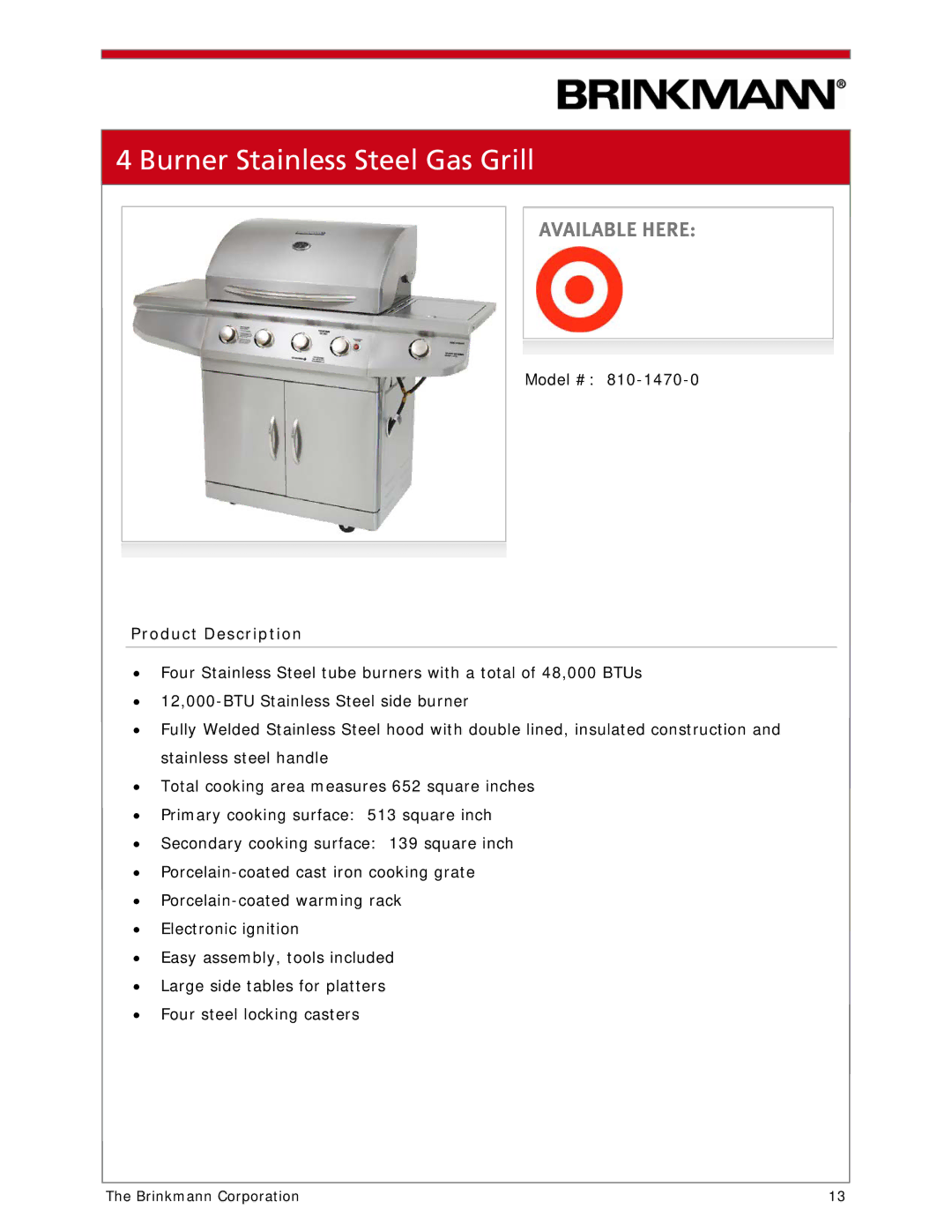 Brinkmann 810-1100-S manual Burner Stainless Steel Gas Grill 