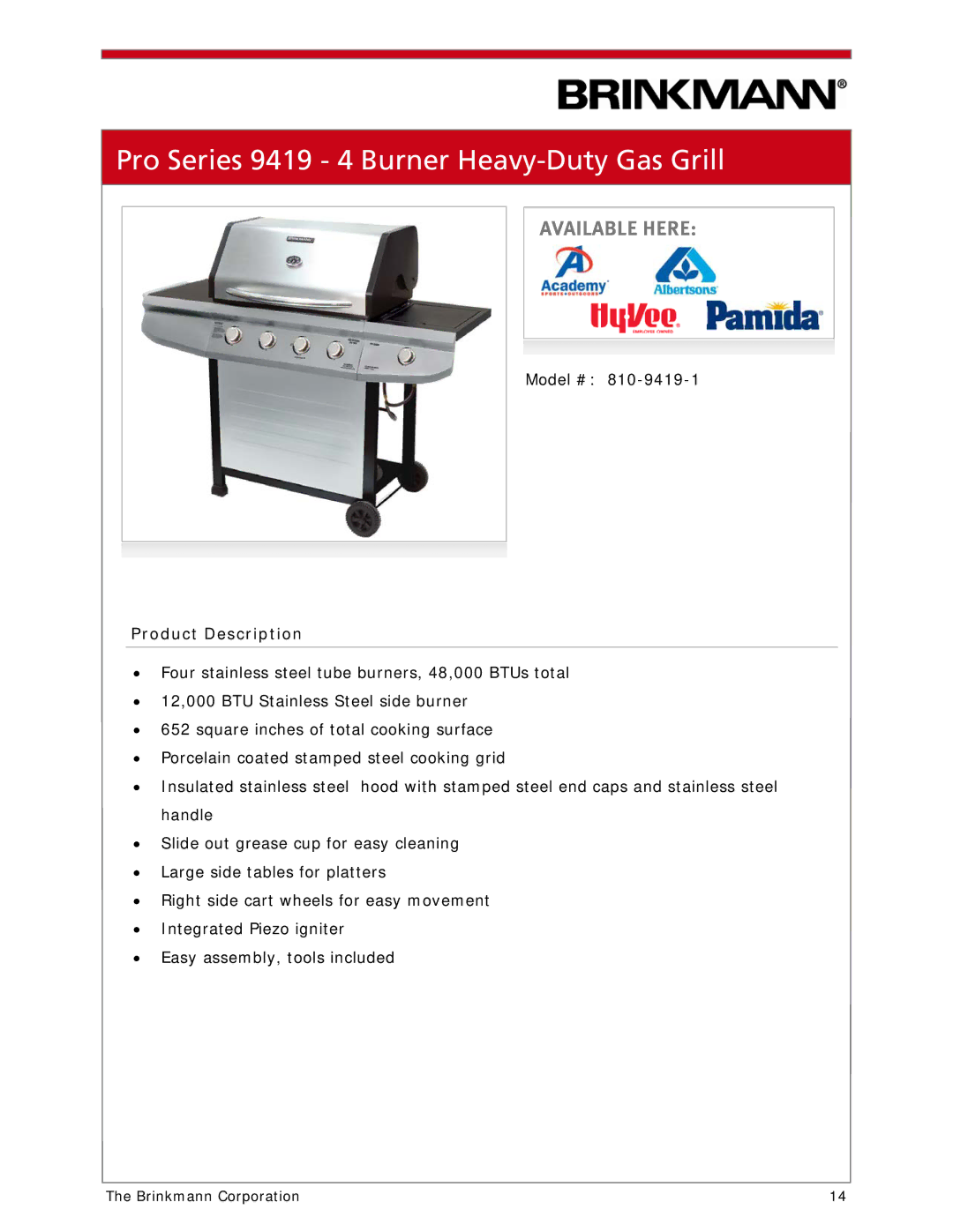 Brinkmann 810-1100-S manual Pro Series 9419 4 Burner Heavy-Duty Gas Grill 