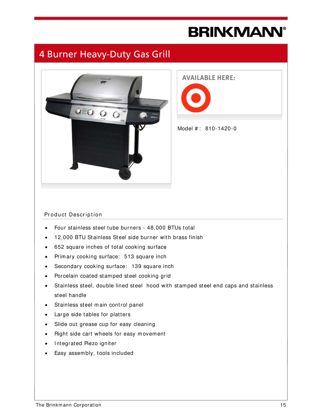 Brinkmann 810-1100-S manual Burner Heavy-Duty Gas Grill 