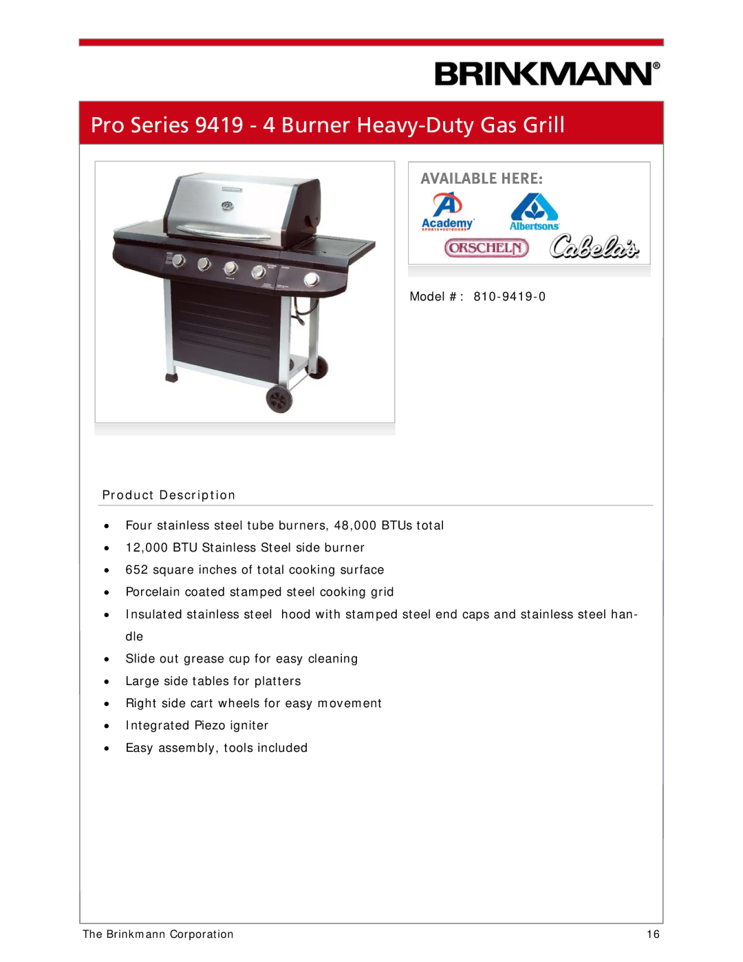 Brinkmann 810-1100-S manual Pro Series 9419 4 Burner Heavy-Duty Gas Grill 