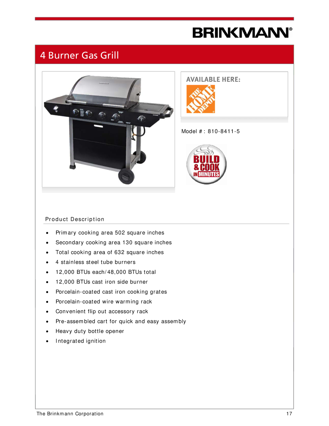 Brinkmann 810-1100-S manual Burner Gas Grill 