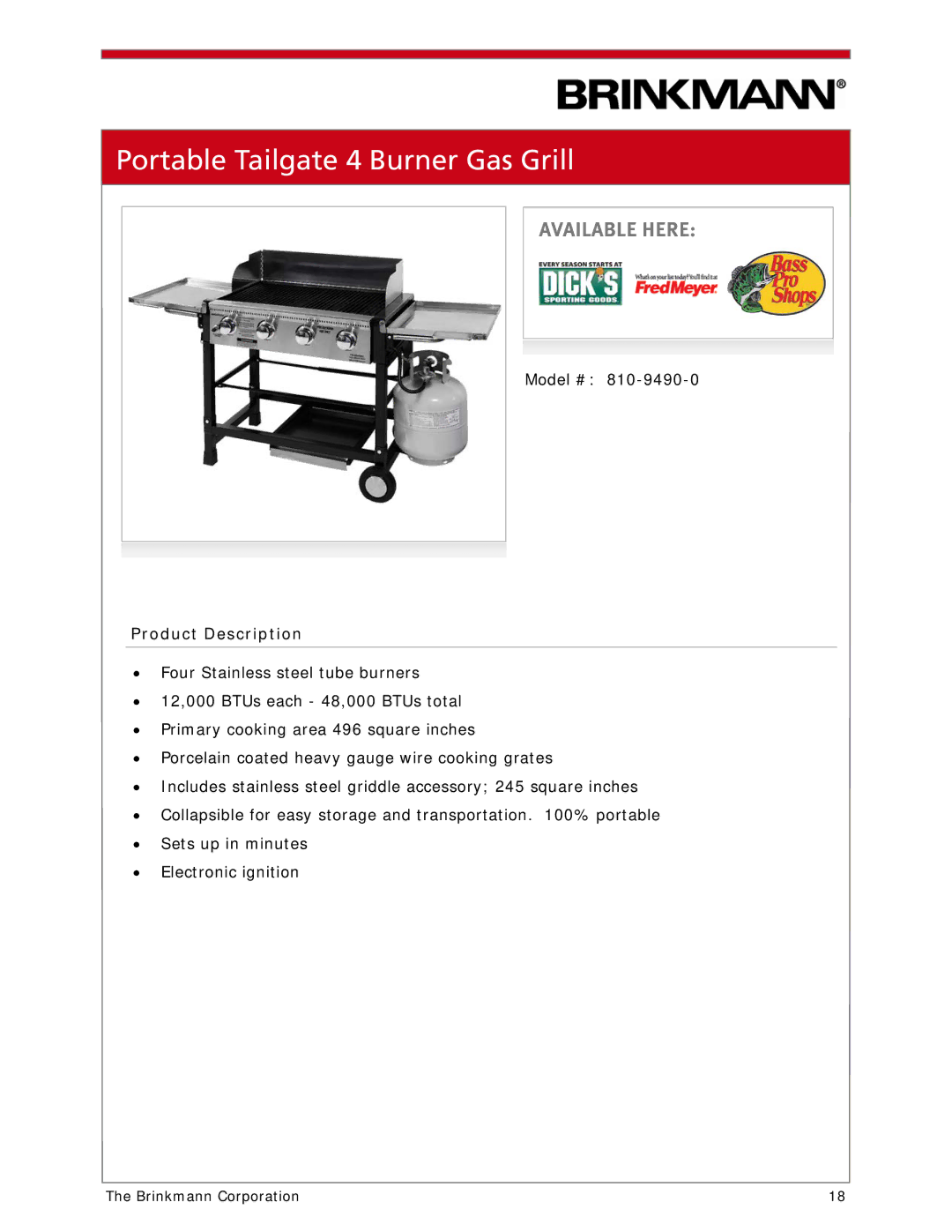 Brinkmann 810-1100-S manual Portable Tailgate 4 Burner Gas Grill 