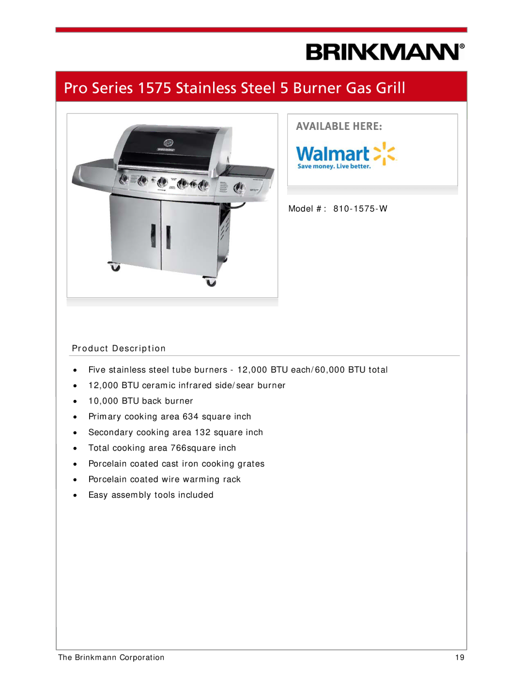 Brinkmann 810-1100-S manual Pro Series 1575 Stainless Steel 5 Burner Gas Grill 