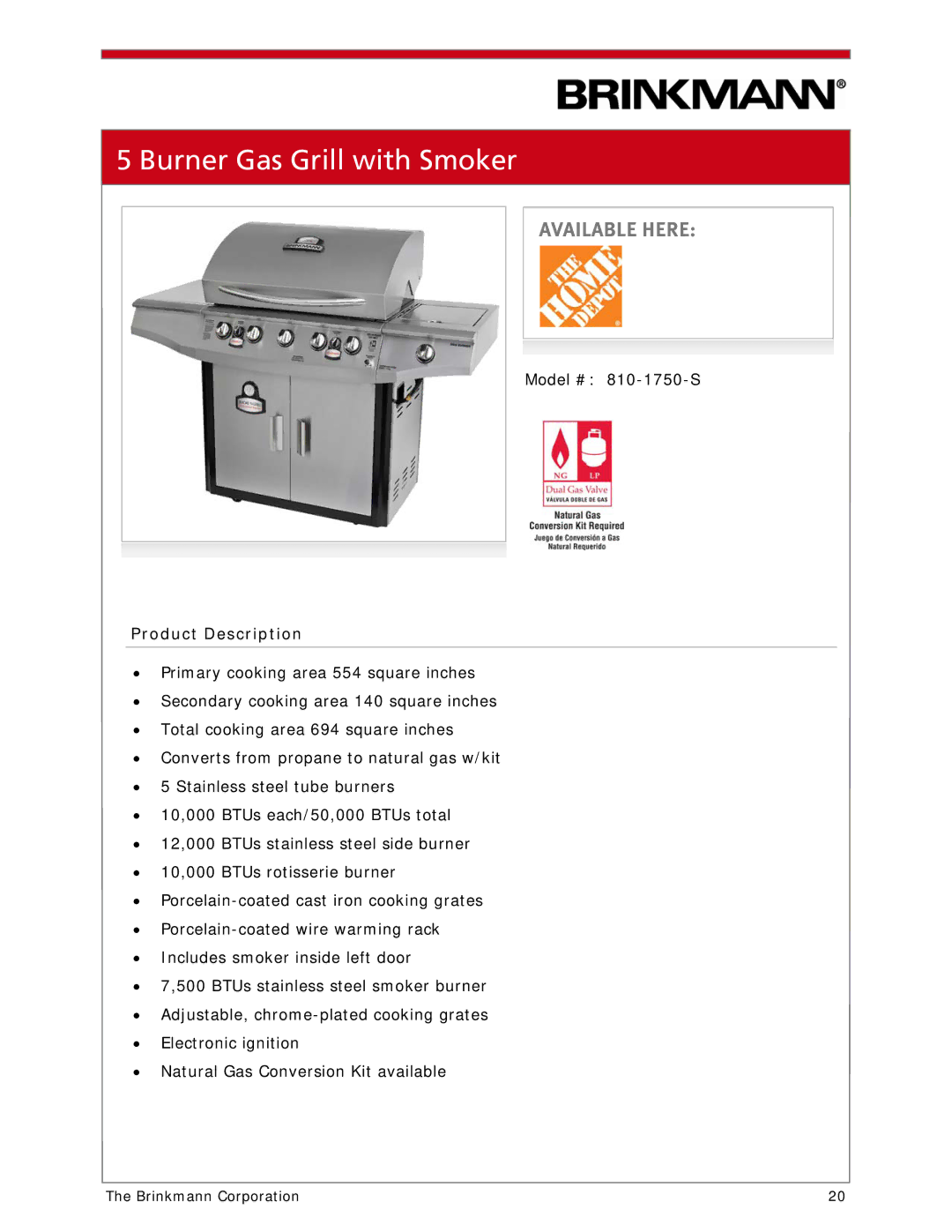 Brinkmann 810-1100-S manual Burner Gas Grill with Smoker 