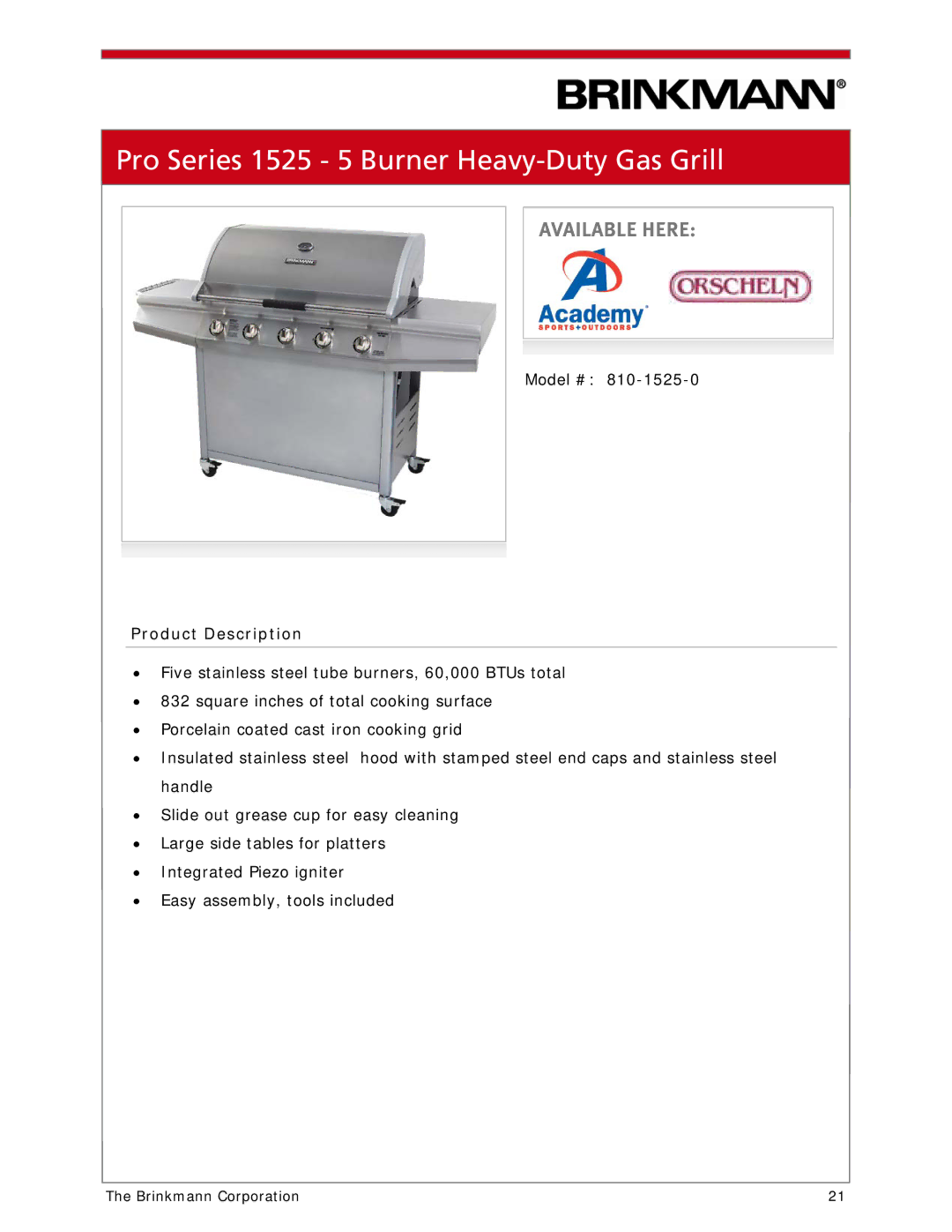 Brinkmann 810-1100-S manual Pro Series 1525 5 Burner Heavy-Duty Gas Grill 