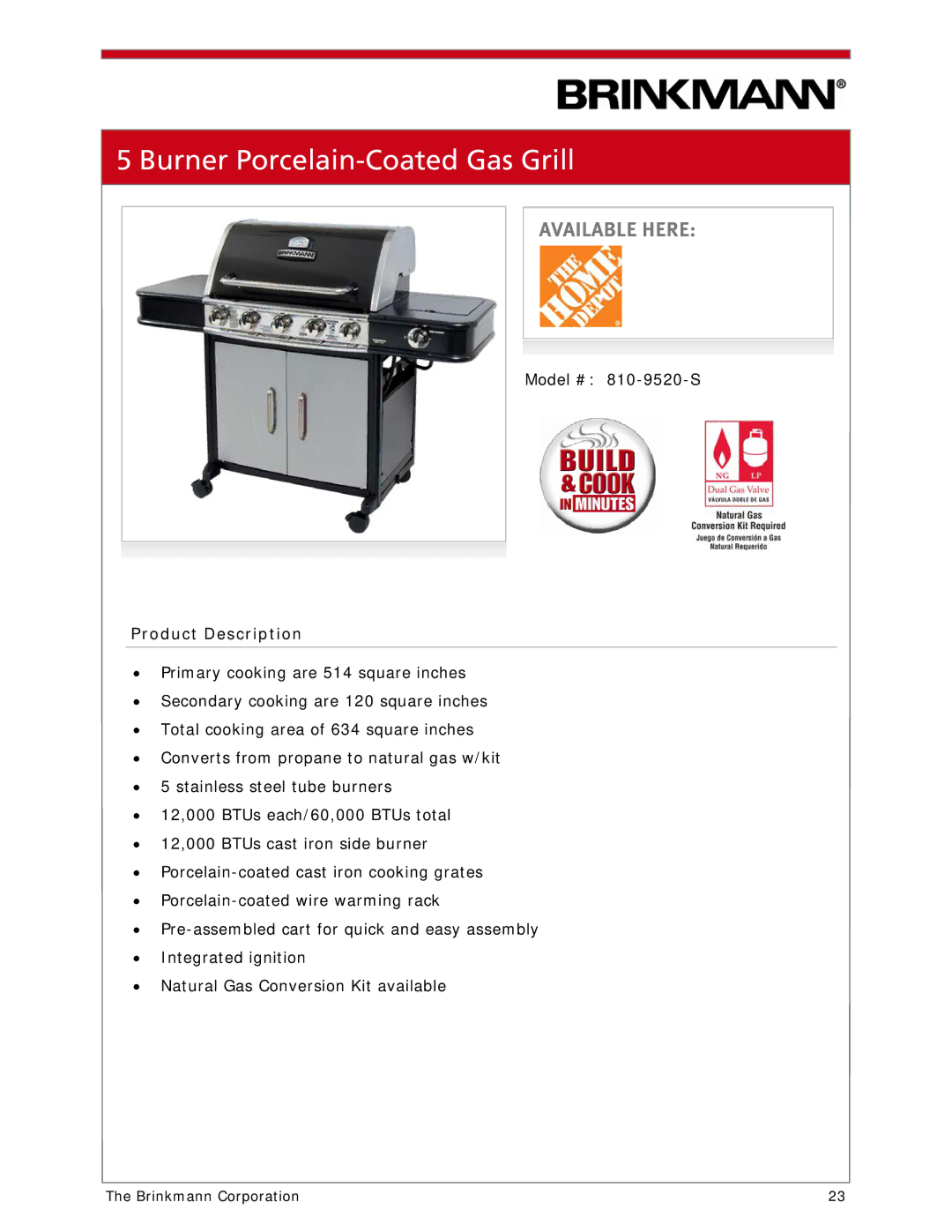 Brinkmann 810-1100-S manual Burner Porcelain-Coated Gas Grill 