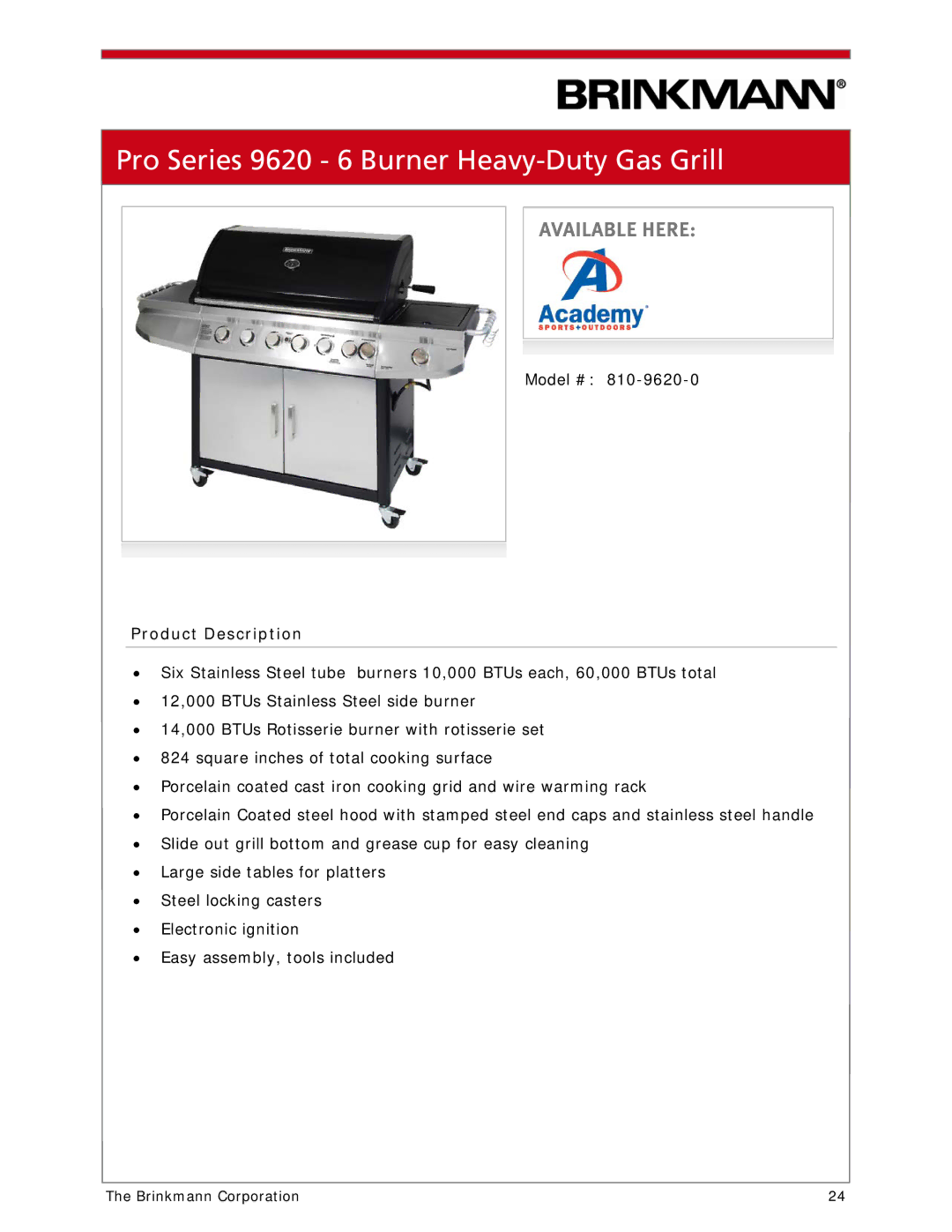 Brinkmann 810-1100-S manual Pro Series 9620 6 Burner Heavy-Duty Gas Grill 