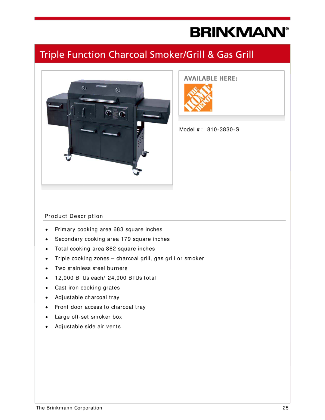 Brinkmann 810-1100-S manual Triple Function Charcoal Smoker/Grill & Gas Grill 