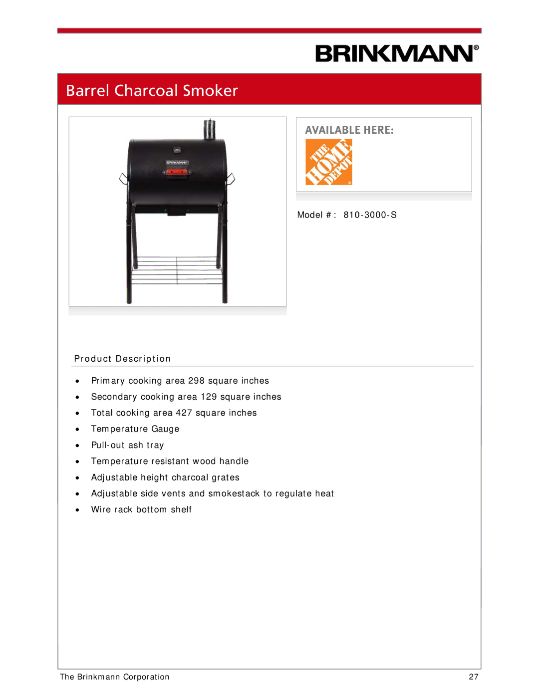 Brinkmann 810-1100-S manual Barrel Charcoal Smoker 