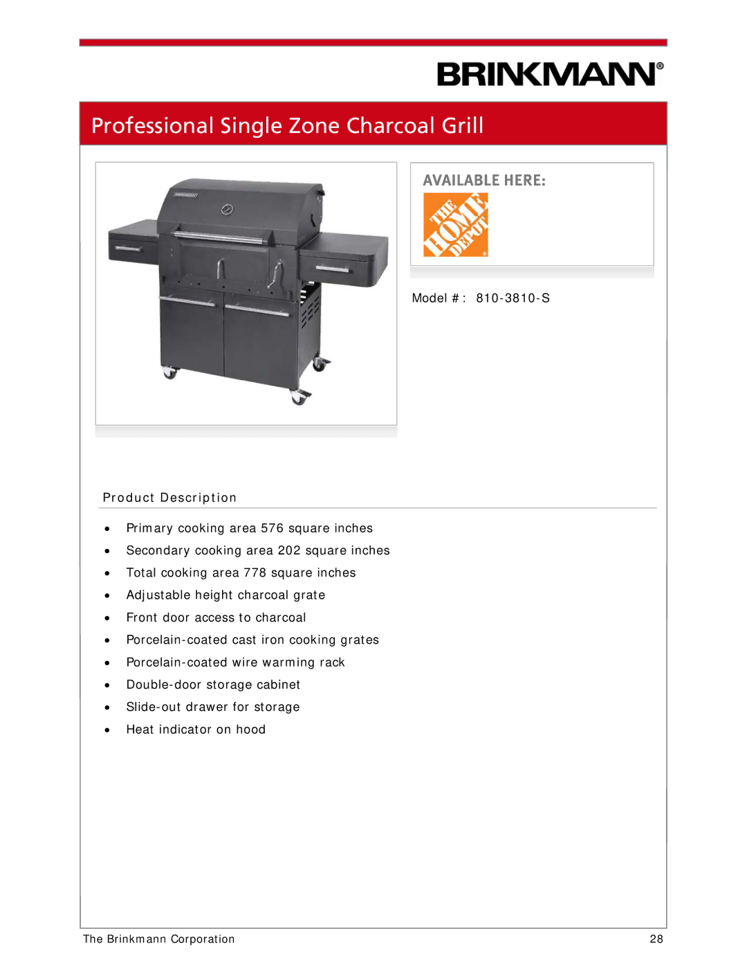 Brinkmann 810-1100-S manual Professional Single Zone Charcoal Grill 