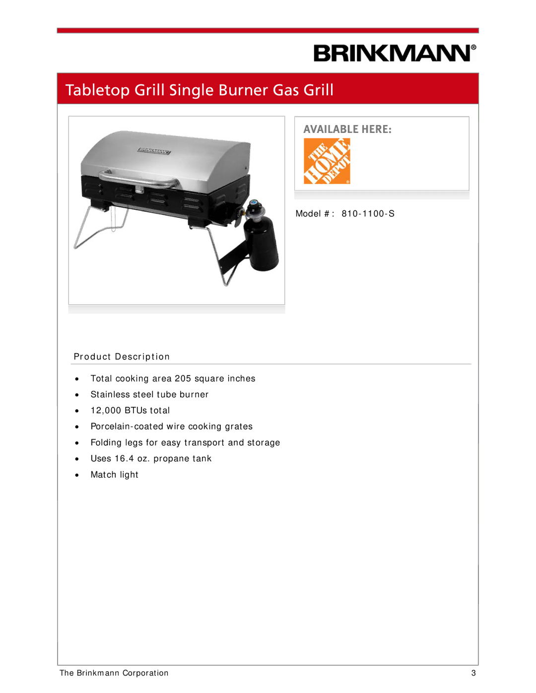 Brinkmann 810-1100-S manual Tabletop Grill Single Burner Gas Grill, Available Here 