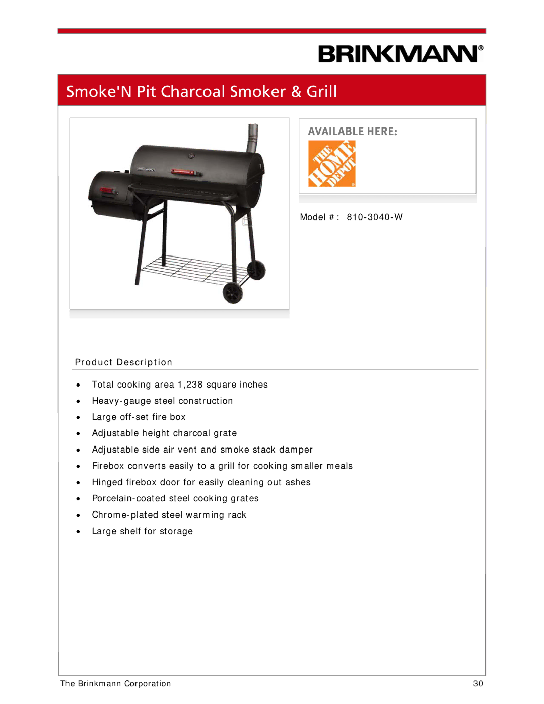 Brinkmann 810-1100-S manual SmokeN Pit Charcoal Smoker & Grill 