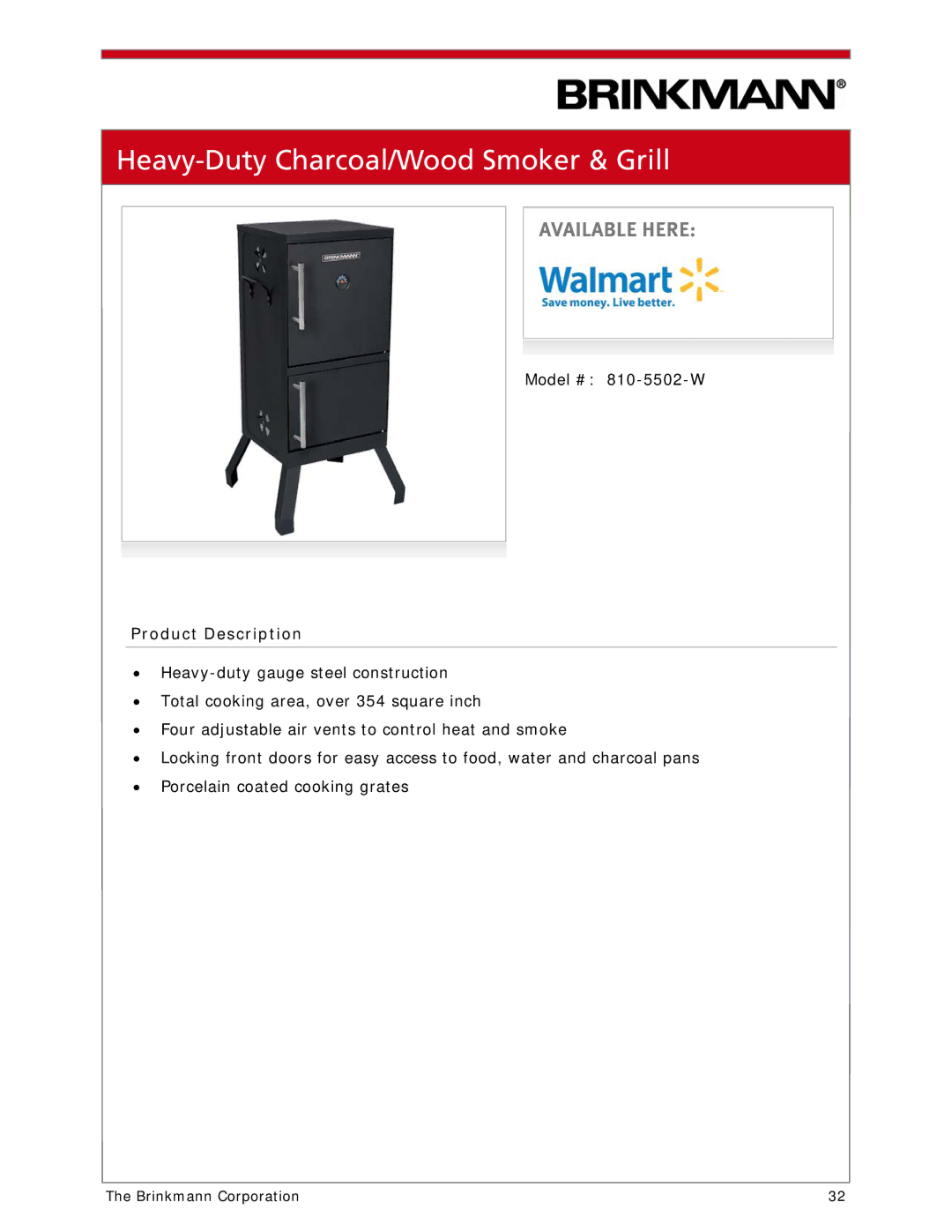 Brinkmann 810-1100-S manual Heavy-Duty Charcoal/Wood Smoker & Grill 