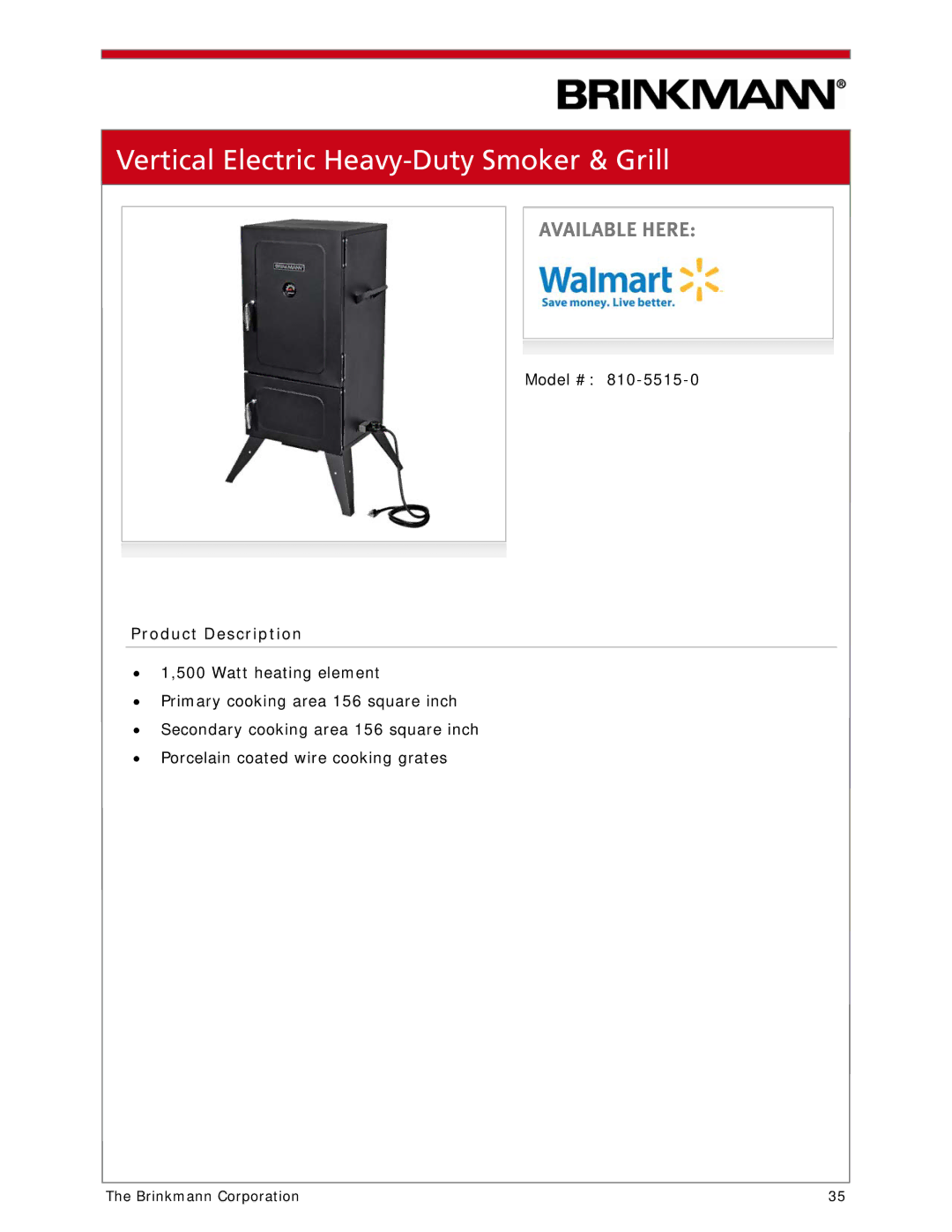 Brinkmann 810-1100-S manual Vertical Electric Heavy-Duty Smoker & Grill 